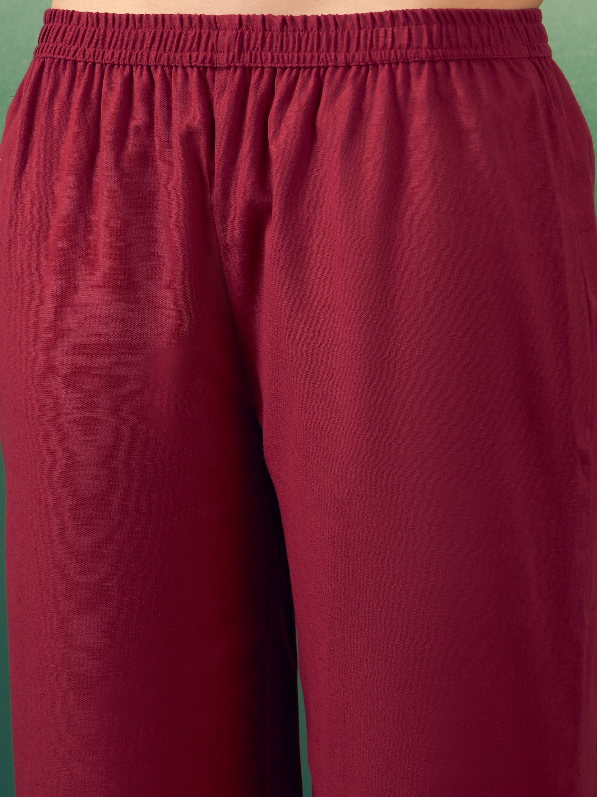 InWeave Burgundy Solid V Neck Short Kurta Pant Set - Swadesiicart
