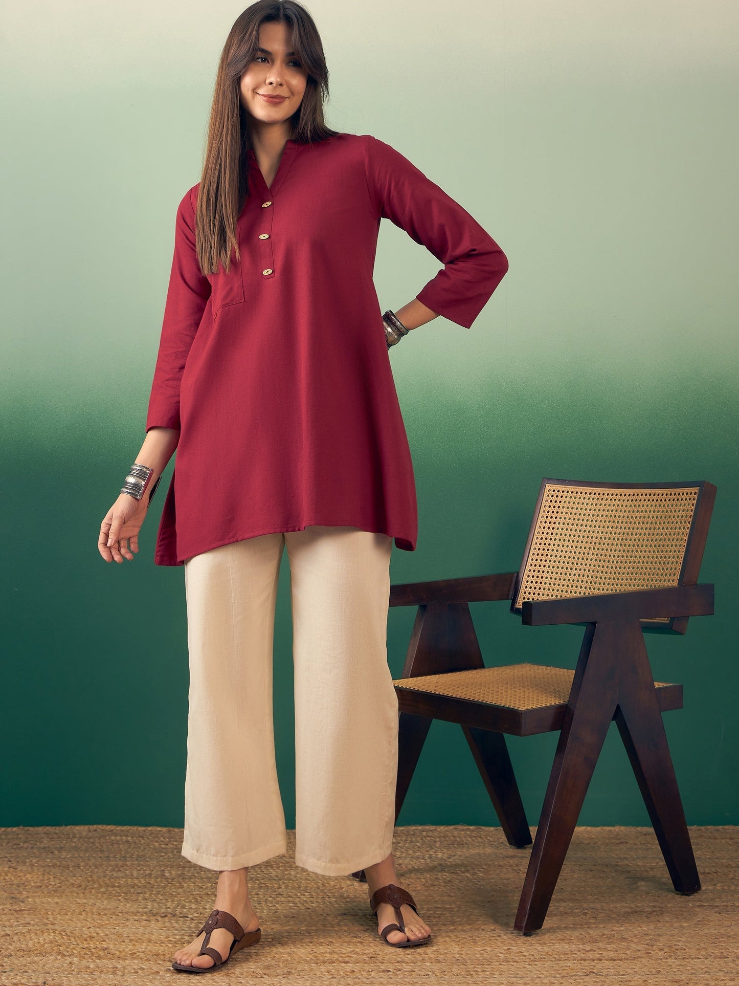 InWeave Burgundy Mandarin V Neck Button Kurta Cream Pant Set - Swadesiicart