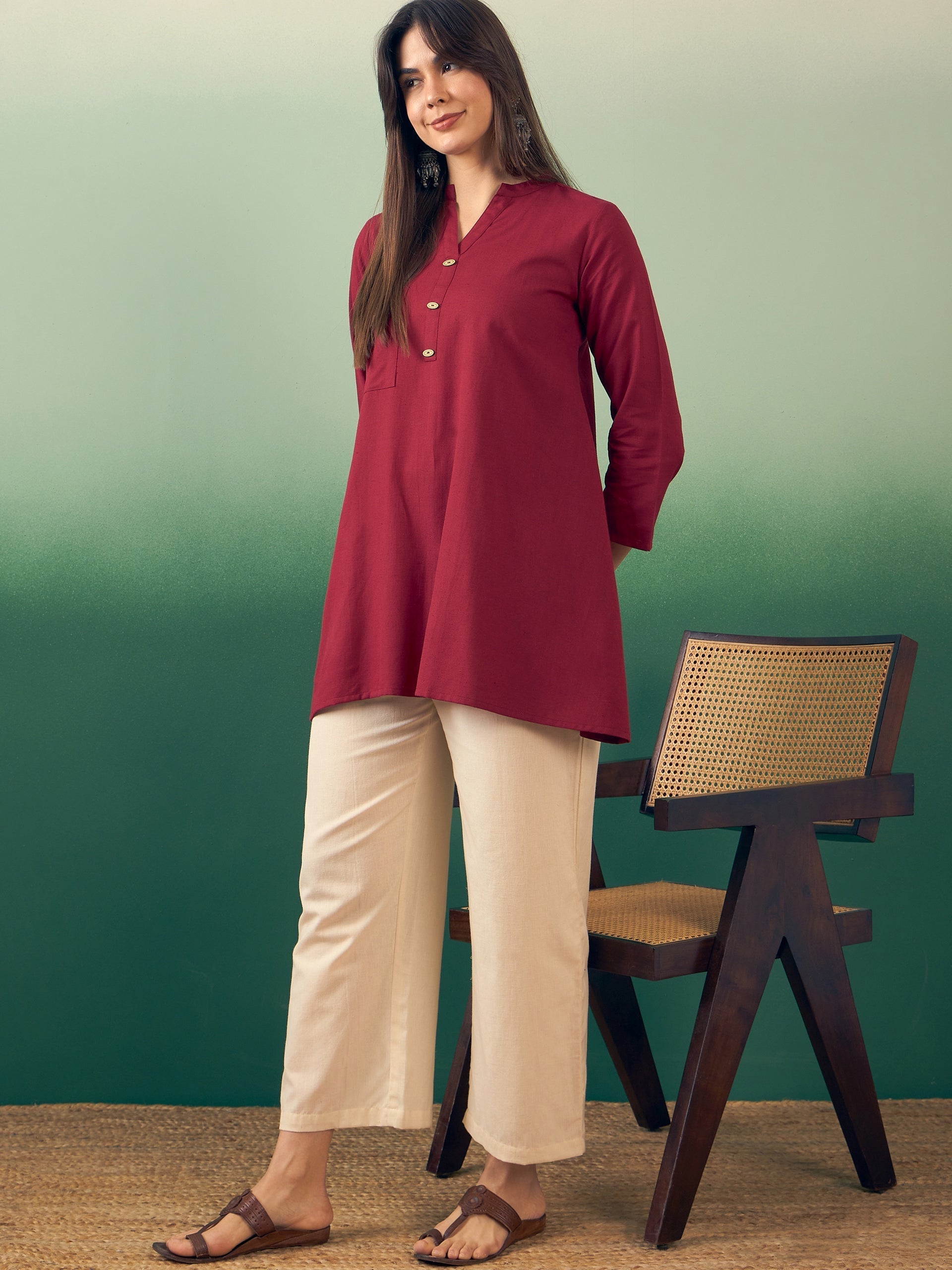 InWeave Burgundy Mandarin V Neck Button Kurta Cream Pant Set - Swadesiicart