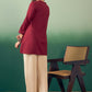InWeave Burgundy Mandarin V Neck Button Kurta Cream Pant Set - Swadesiicart