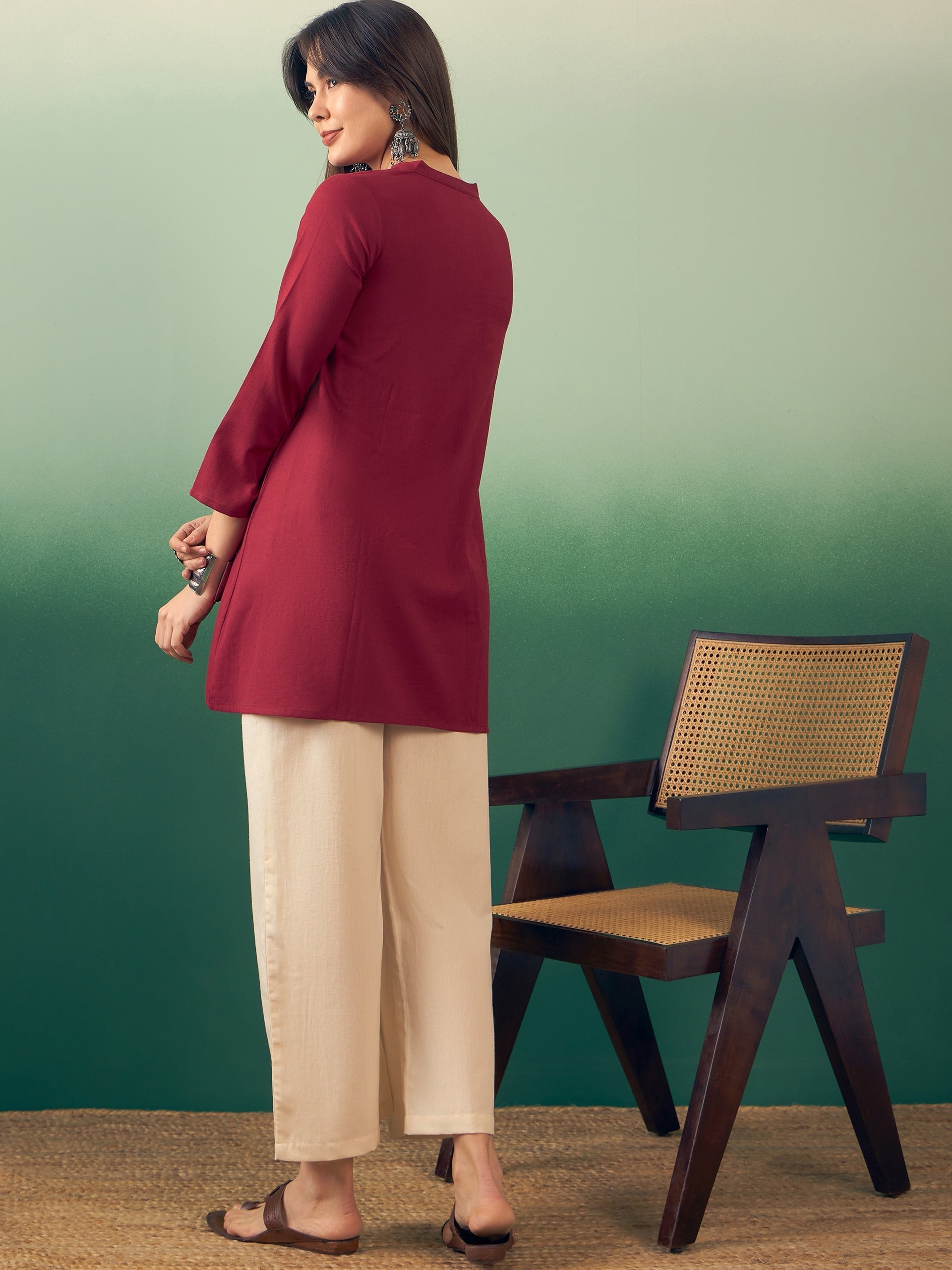 InWeave Burgundy Mandarin V Neck Button Kurta Cream Pant Set - Swadesiicart