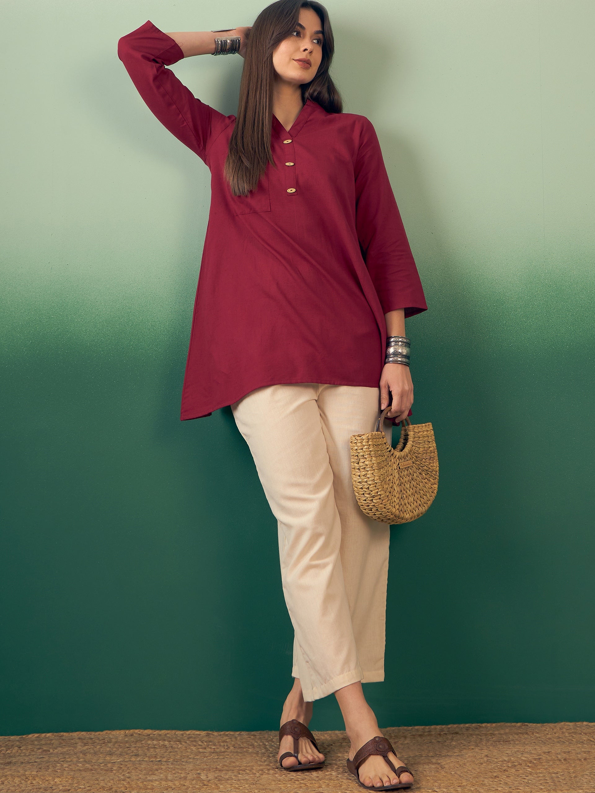 InWeave Burgundy Mandarin V Neck Button Kurta Cream Pant Set - Swadesiicart