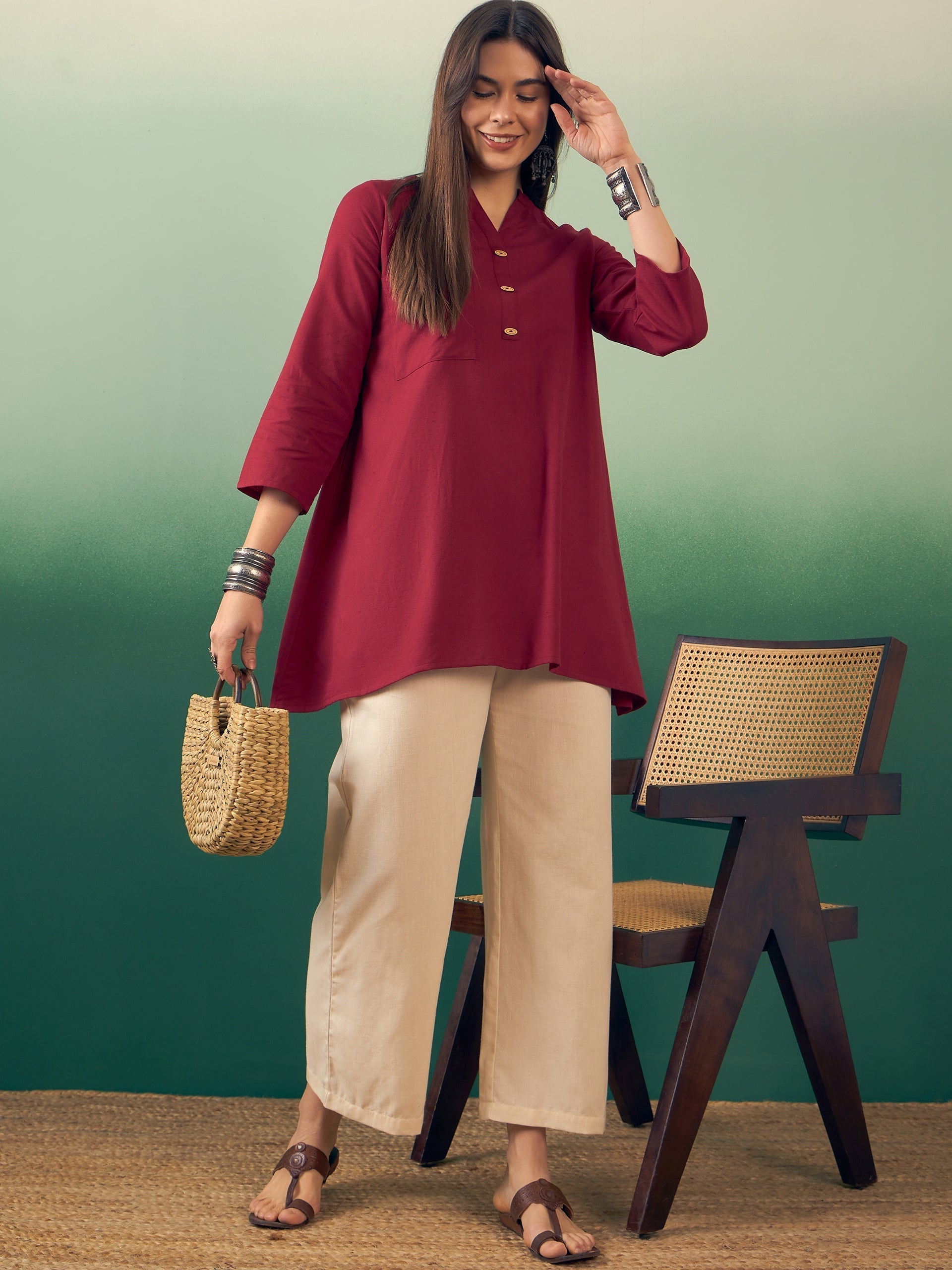 InWeave Burgundy Mandarin V Neck Button Kurta Cream Pant Set - Swadesiicart