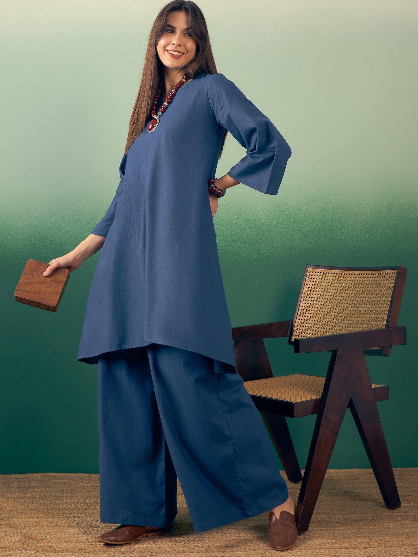 InWeave Midnight Blue Kurta Palazzo Set - Swadesiicart