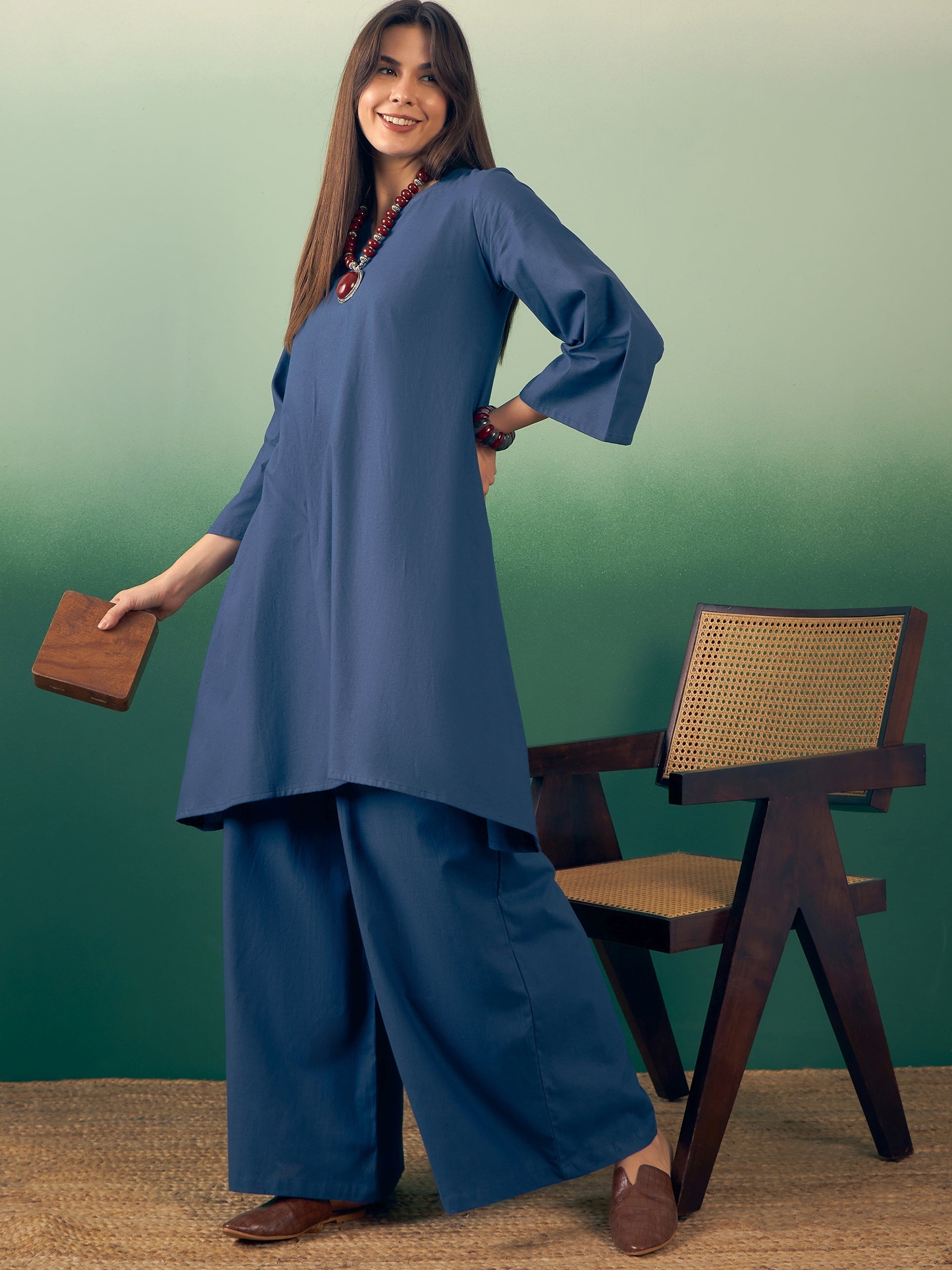 InWeave Midnight Blue Kurta Palazzo Set - Swadesiicart