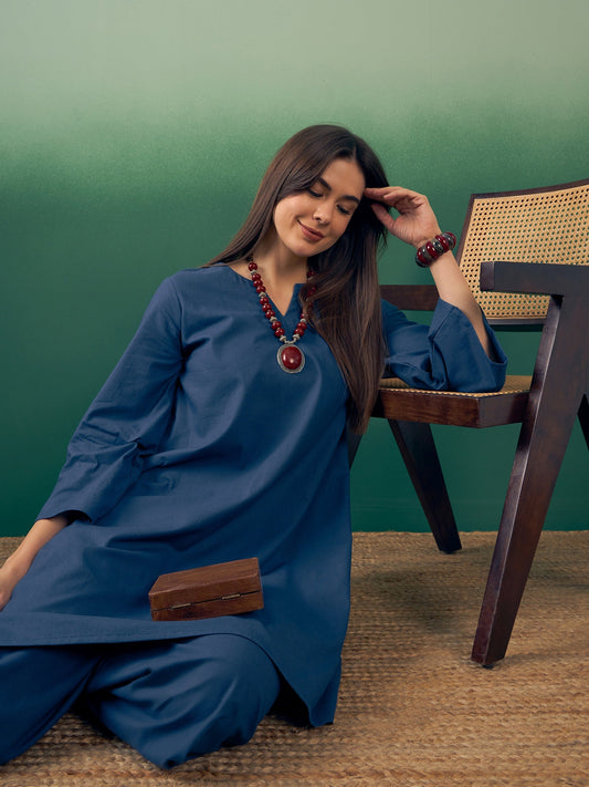 InWeave Midnight Blue Kurta Palazzo Set - Swadesiicart