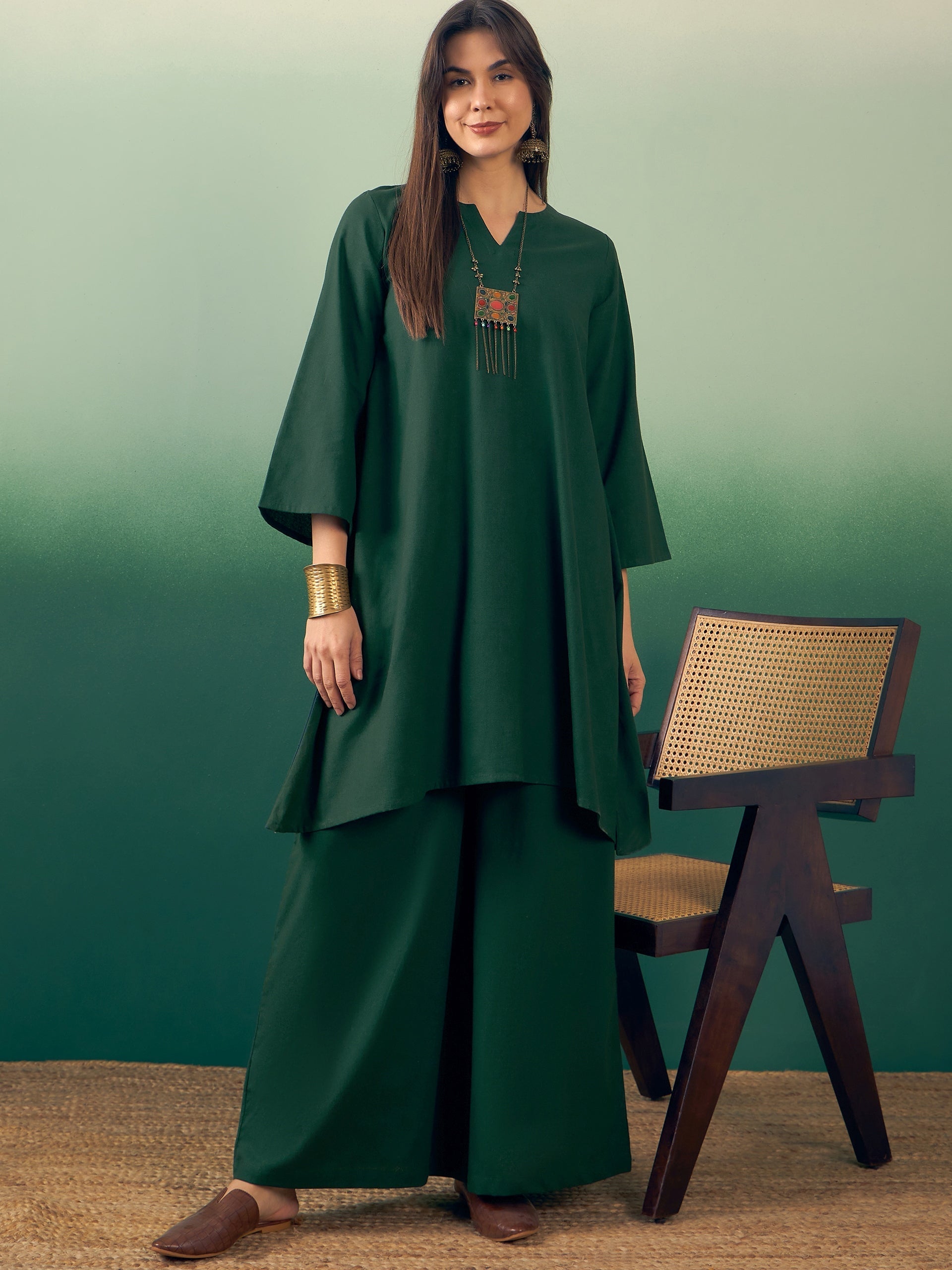 InWeave Dark Green Kurta Palazzo Set - Swadesiicart