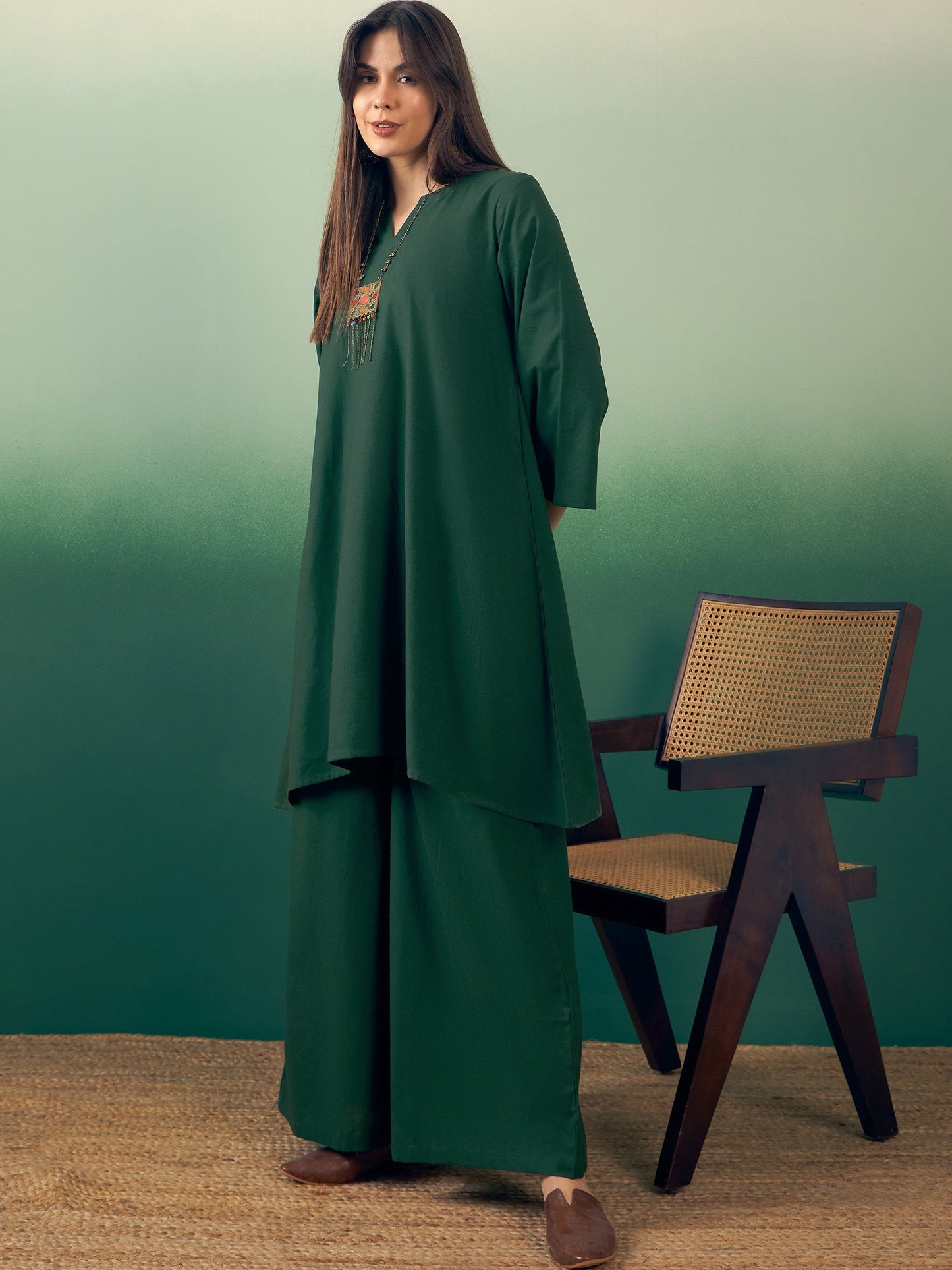 InWeave Dark Green Kurta Palazzo Set - Swadesiicart