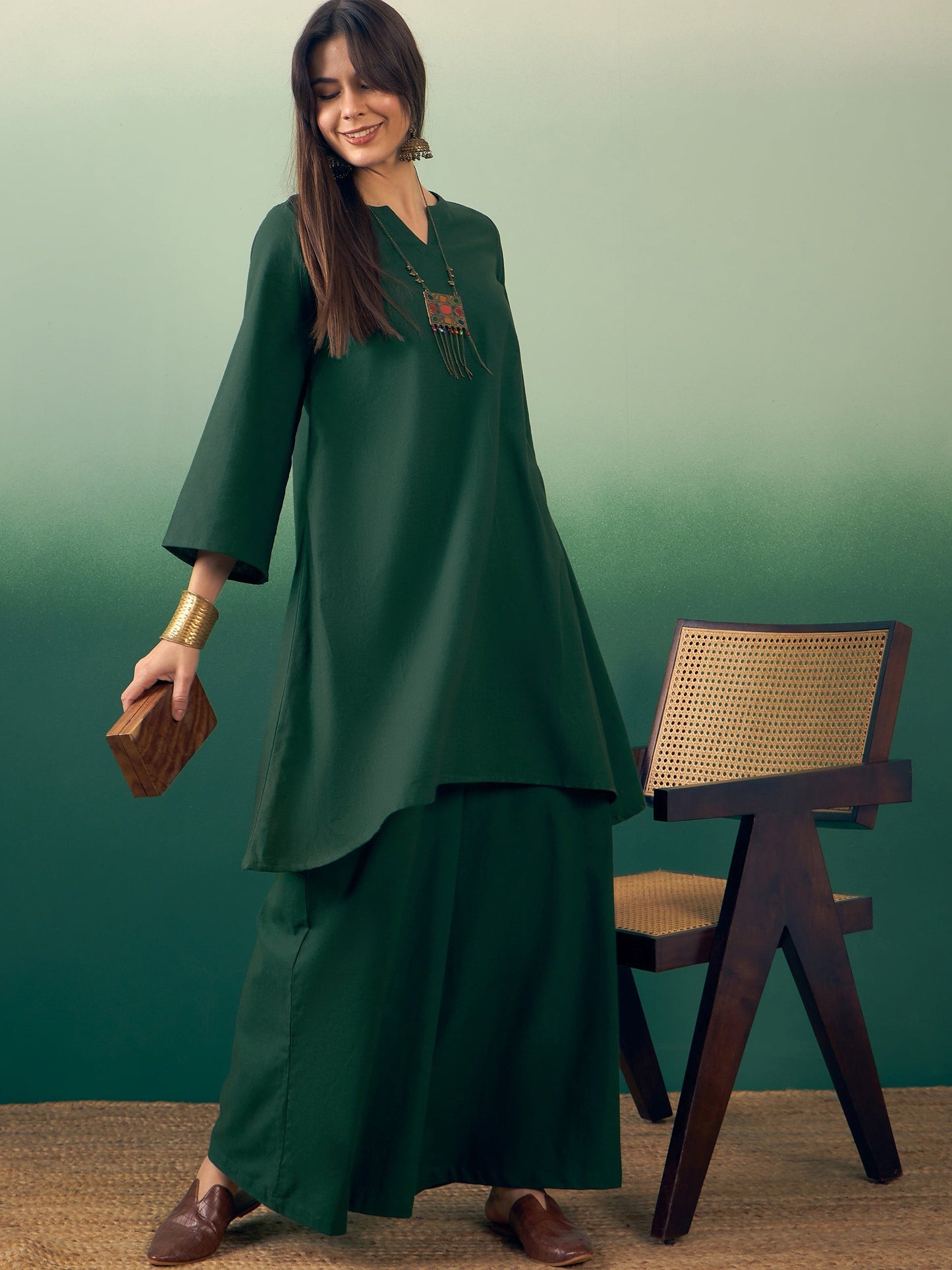 InWeave Dark Green Kurta Palazzo Set - Swadesiicart