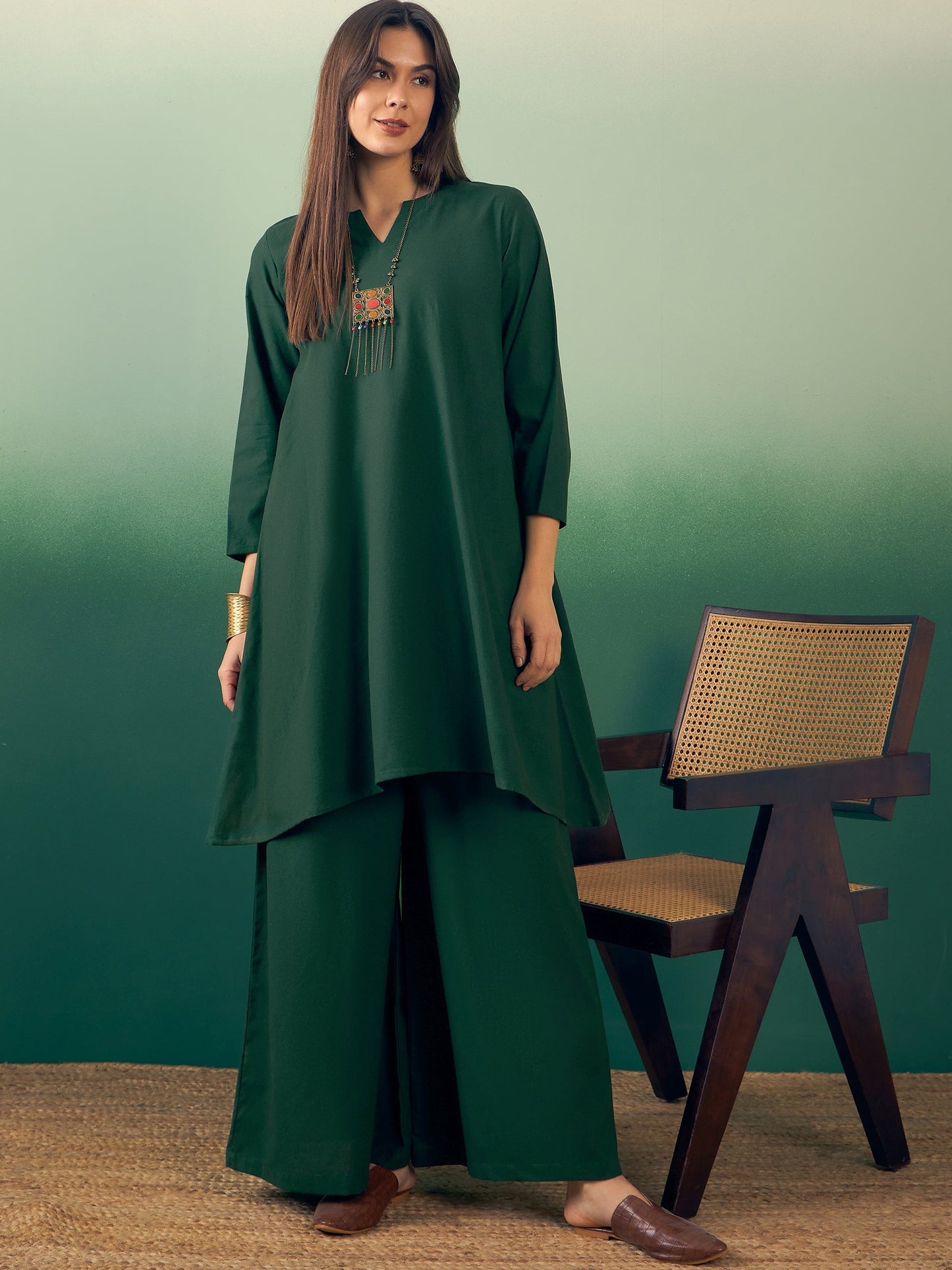 InWeave Dark Green Kurta Palazzo Set - Swadesiicart