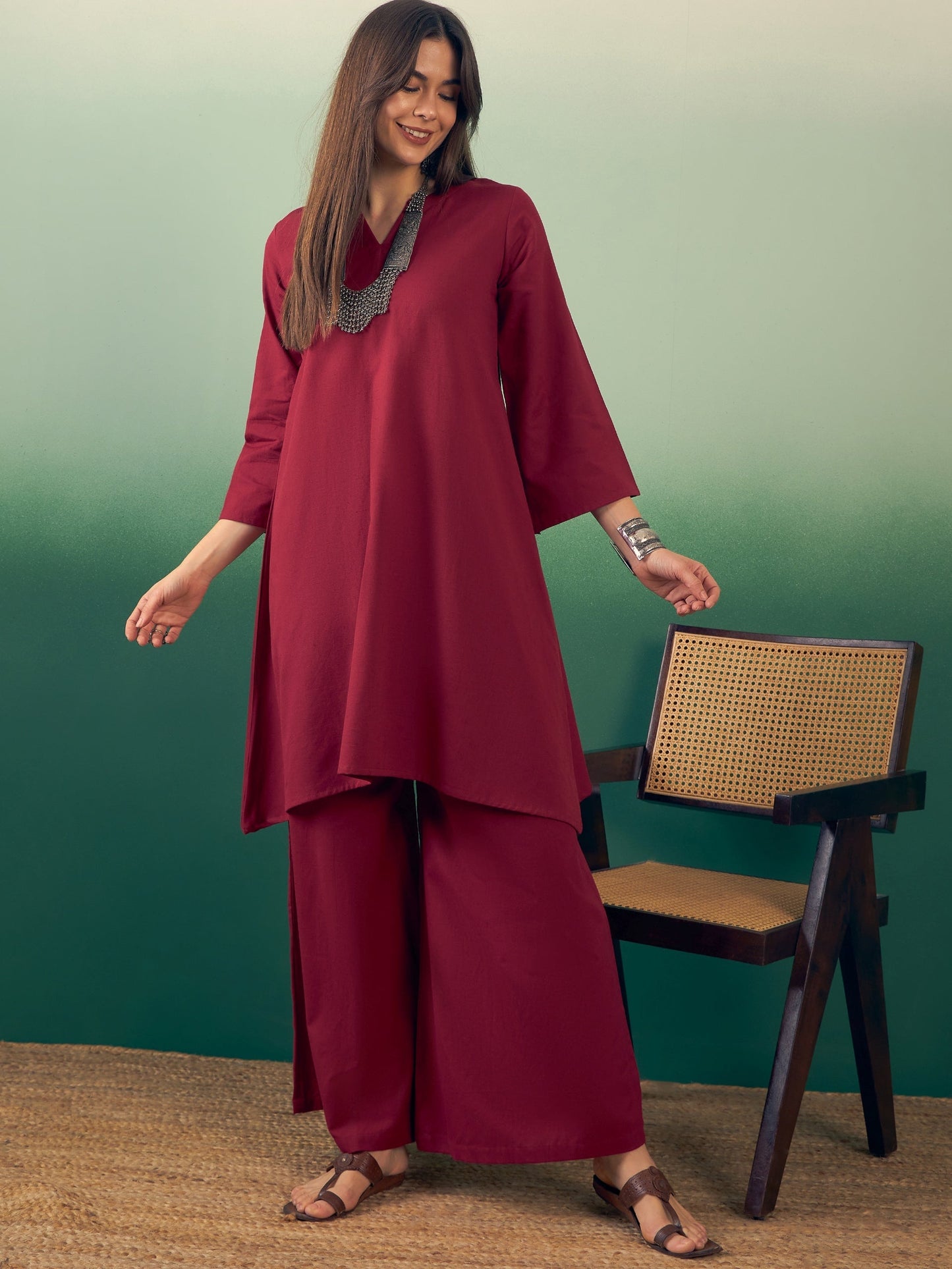 InWeave Burgundy Kurta Palazzo Set - Swadesiicart