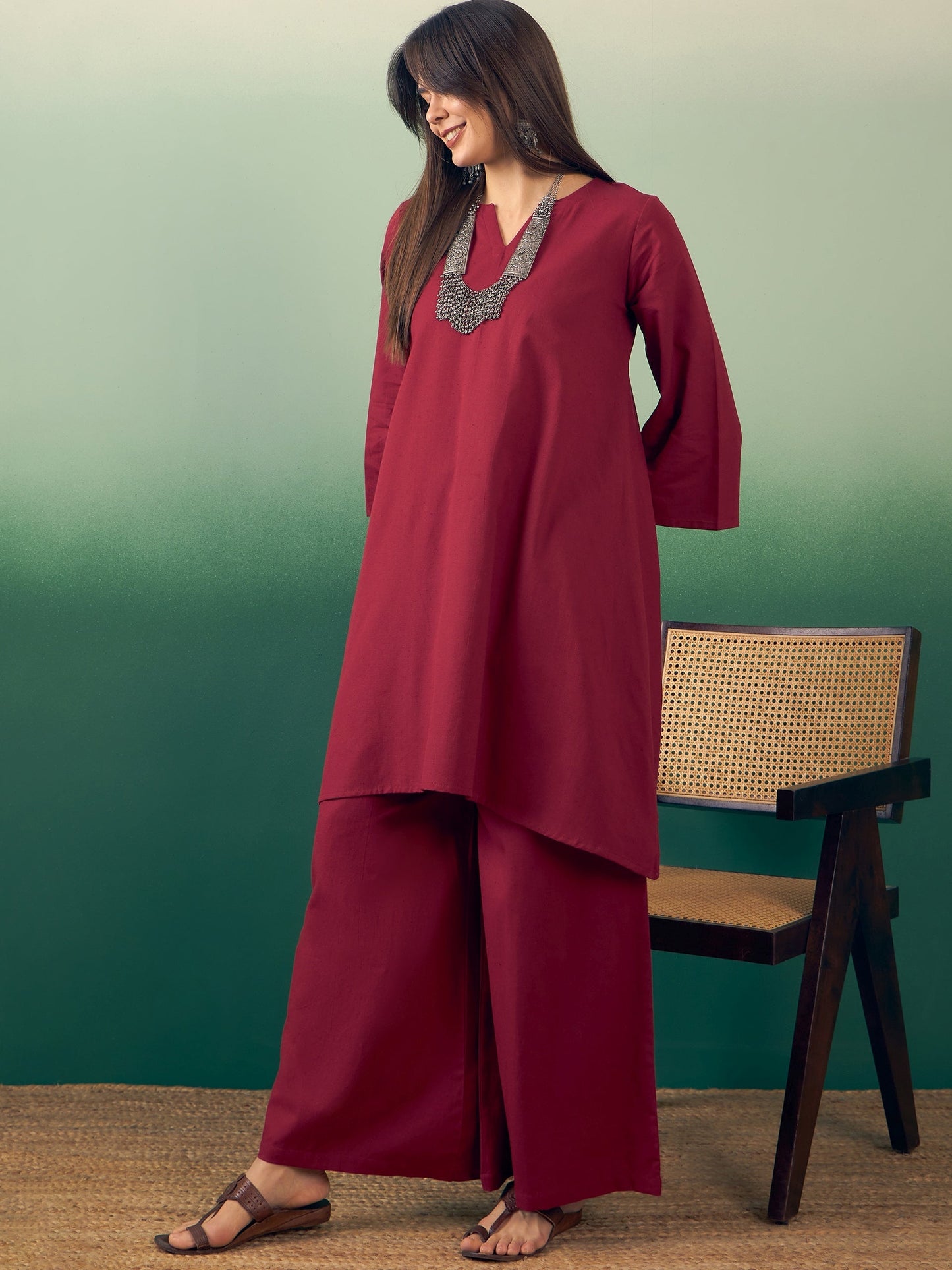 InWeave Burgundy Kurta Palazzo Set - Swadesiicart