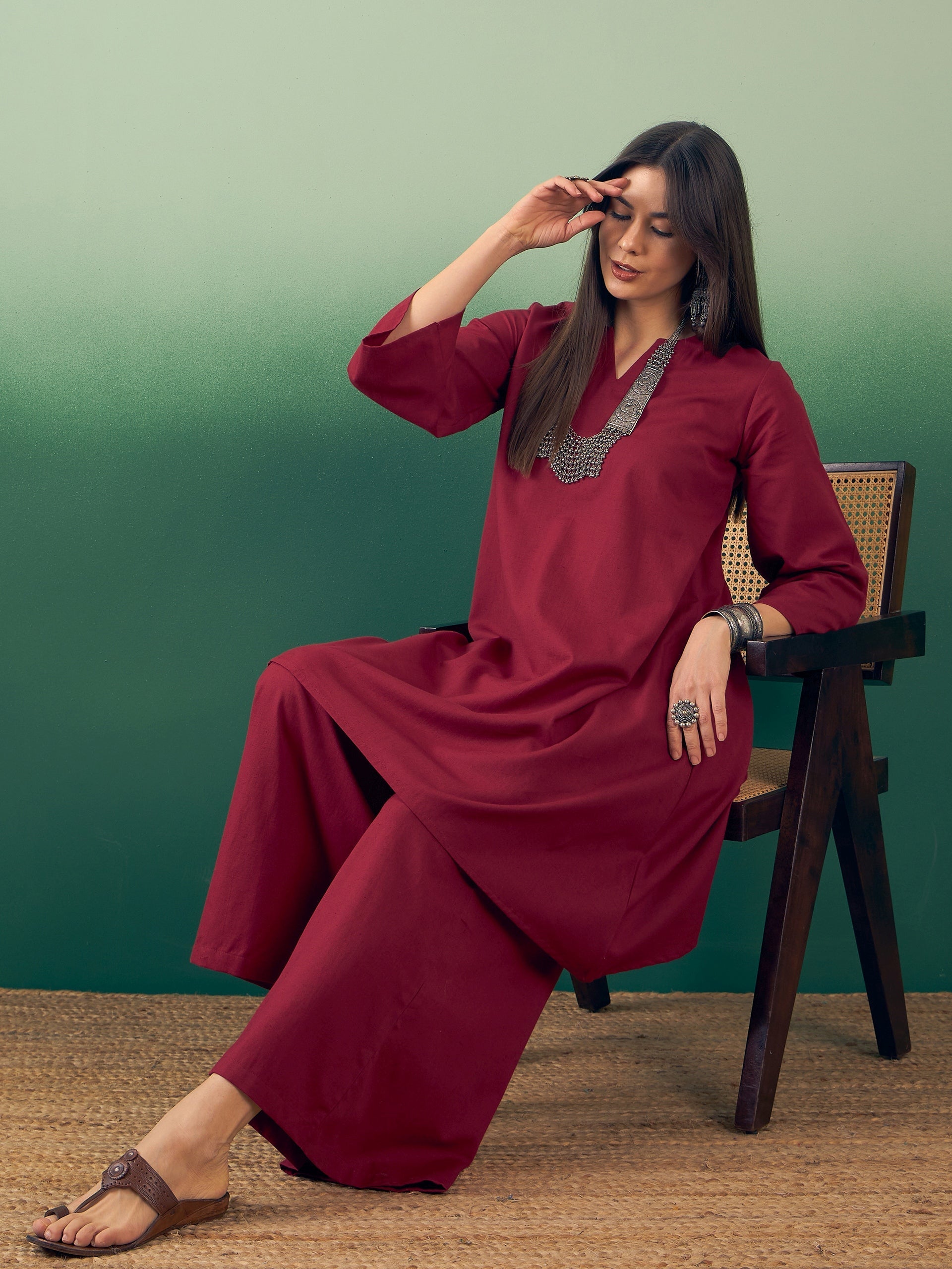 InWeave Burgundy Kurta Palazzo Set - Swadesiicart