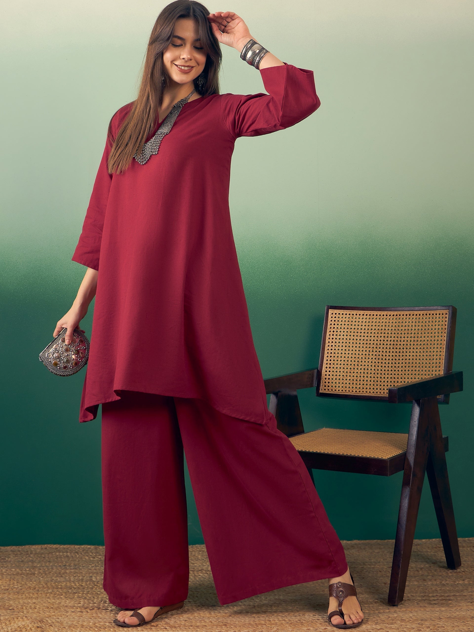 InWeave Burgundy Kurta Palazzo Set - Swadesiicart