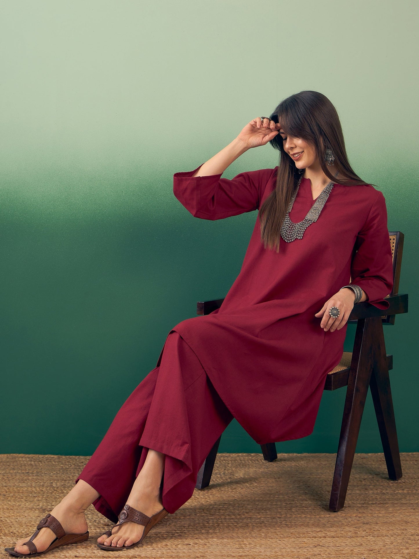 InWeave Burgundy Kurta Palazzo Set - Swadesiicart