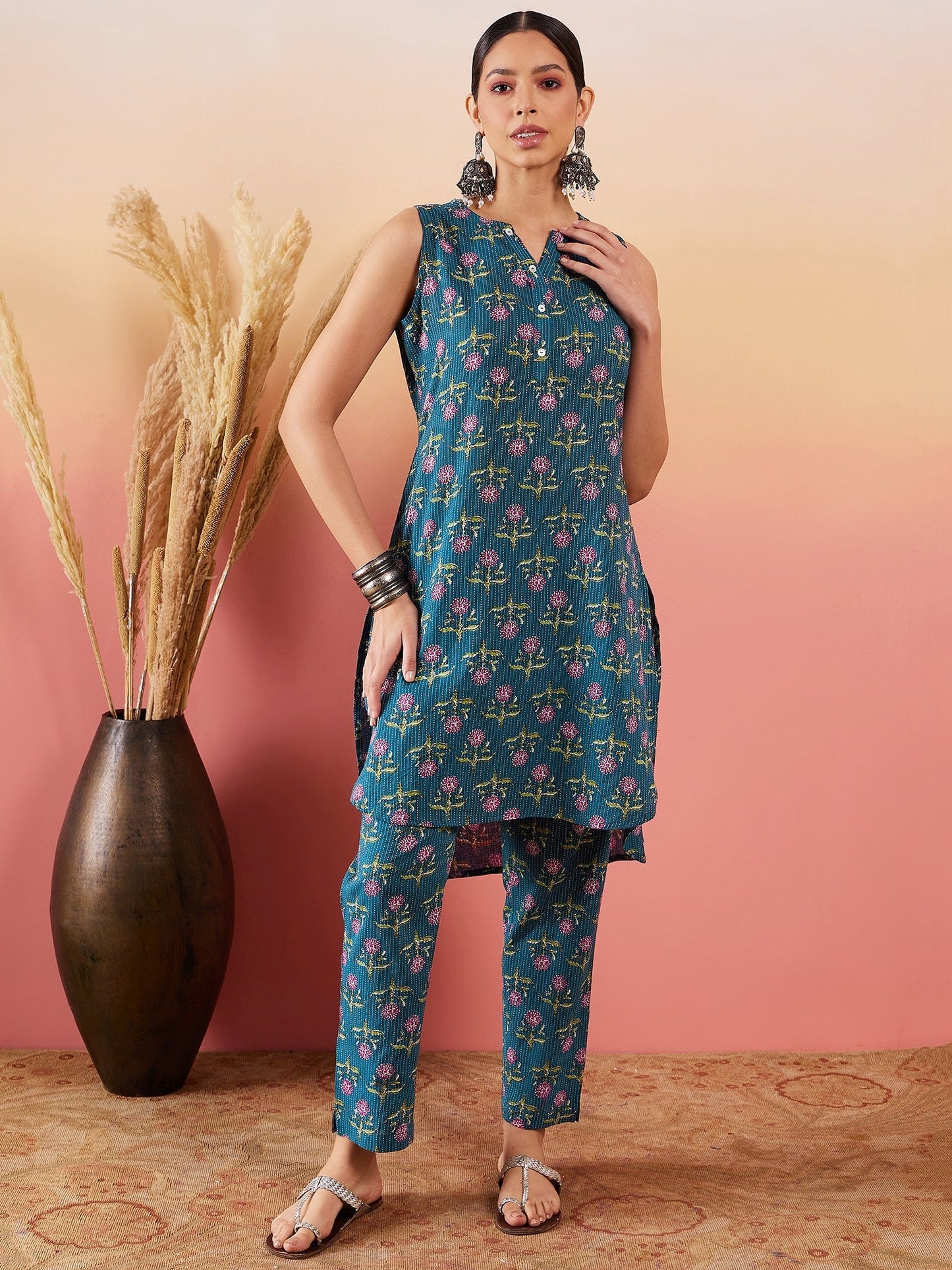InWeave Teal Kantha Mandarin Kurta Set - Swadesiicart