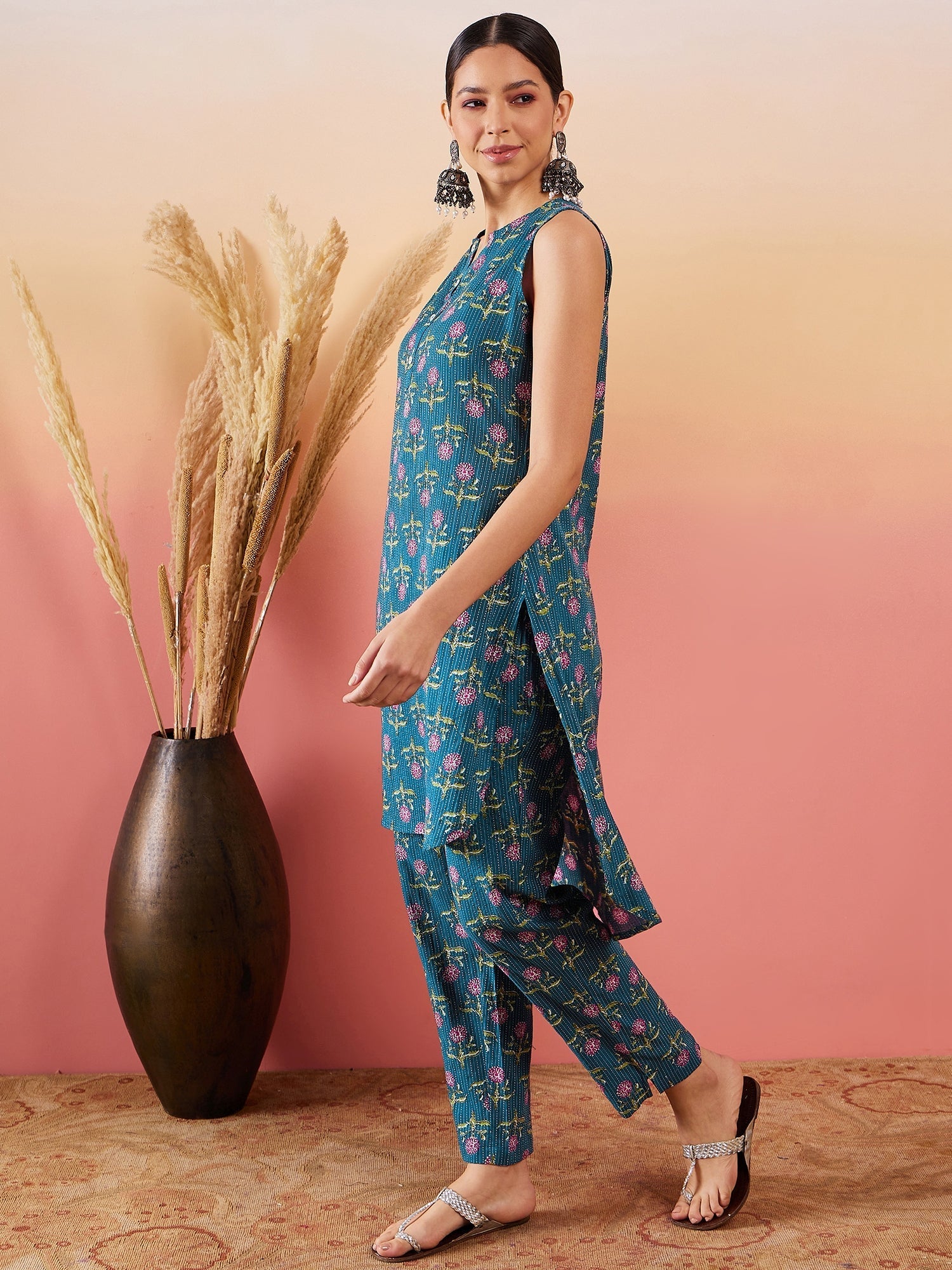 InWeave Teal Kantha Mandarin Kurta Set - Swadesiicart