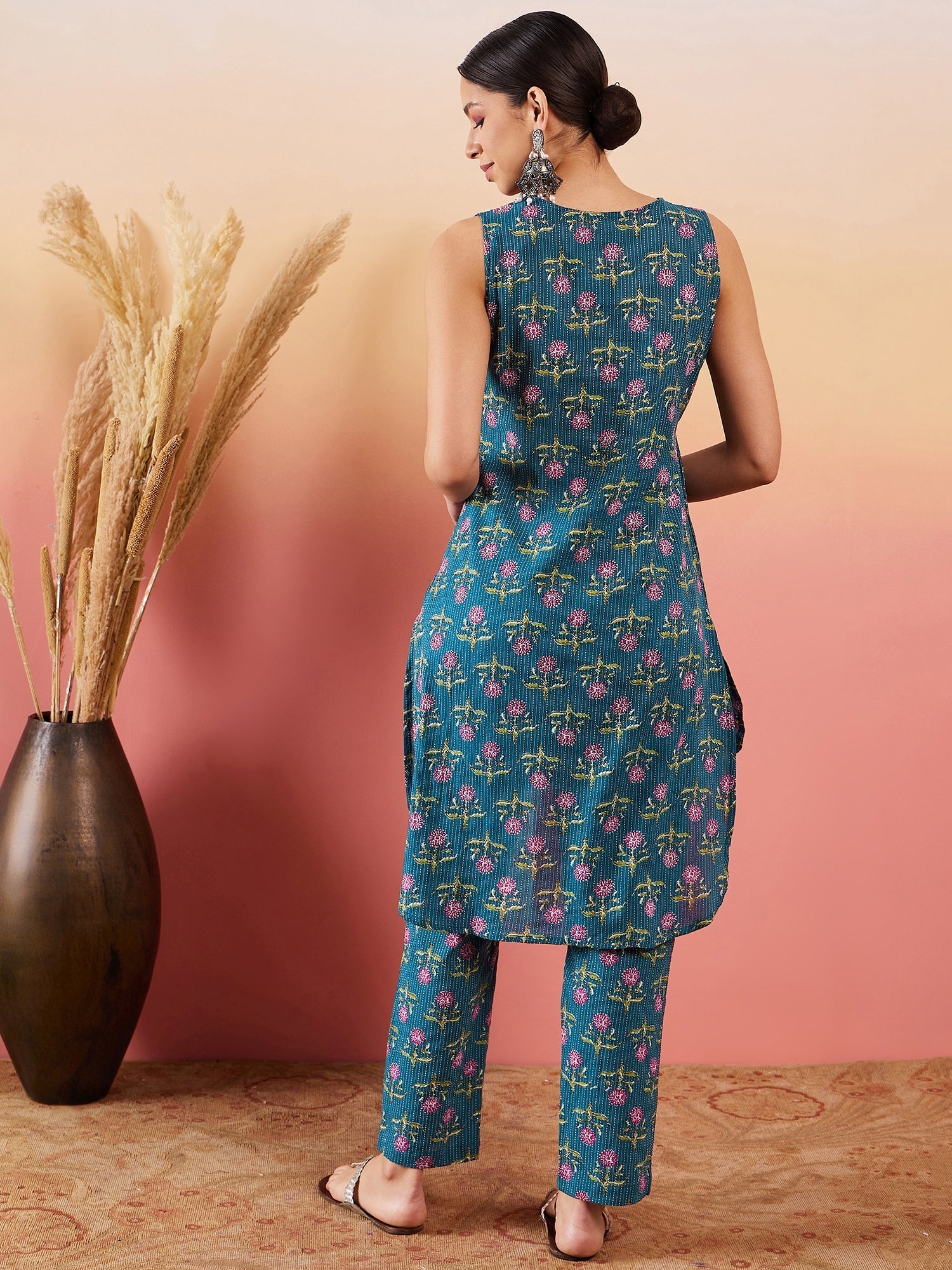 InWeave Teal Kantha Mandarin Kurta Set - Swadesiicart