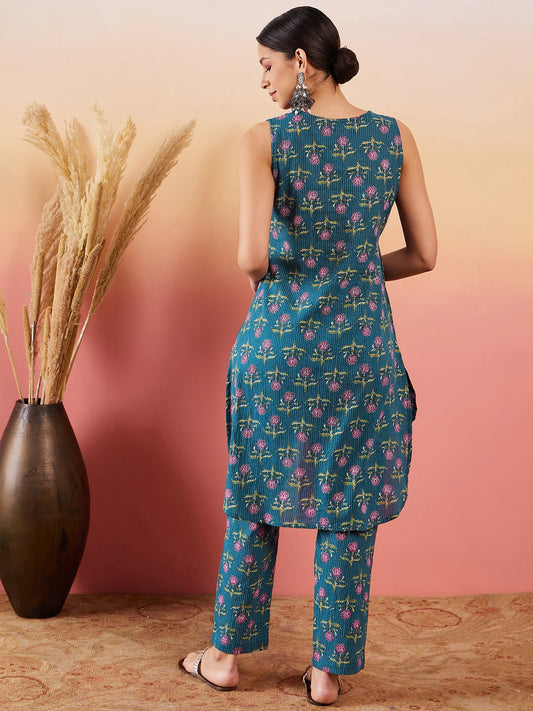 InWeave Teal Kantha Mandarin Kurta Set - Swadesiicart