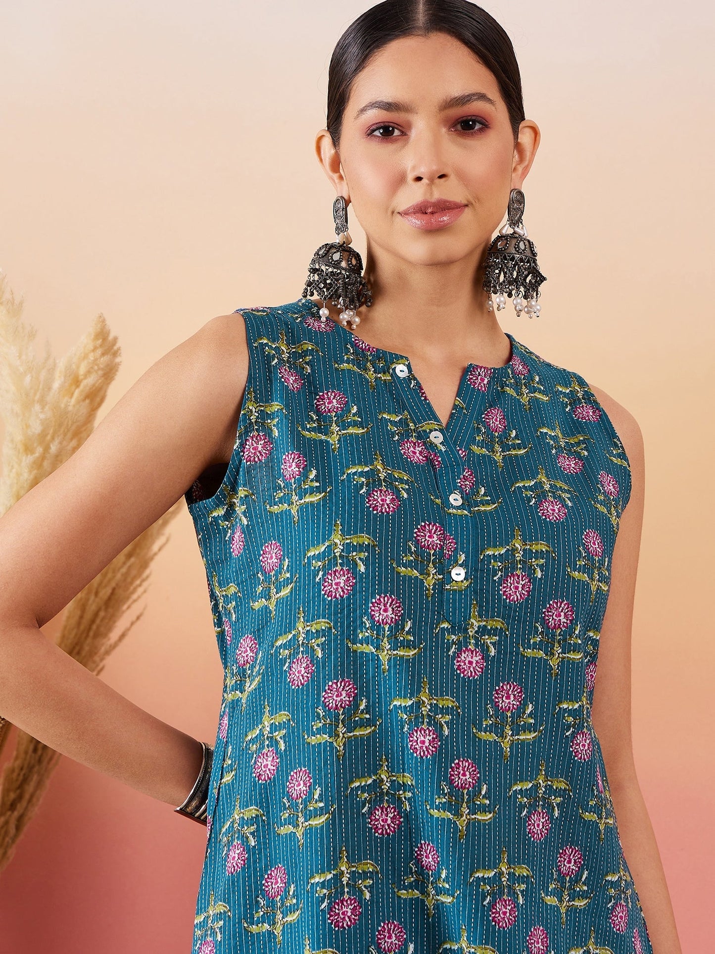 InWeave Teal Kantha Mandarin Kurta Set - Swadesiicart