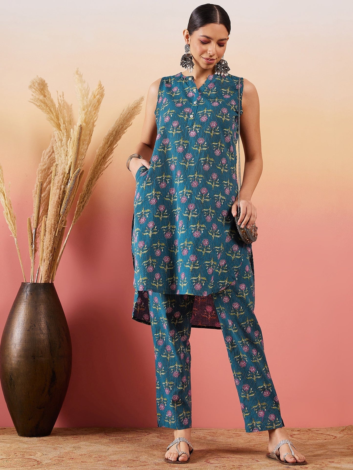InWeave Teal Kantha Mandarin Kurta Set - Swadesiicart