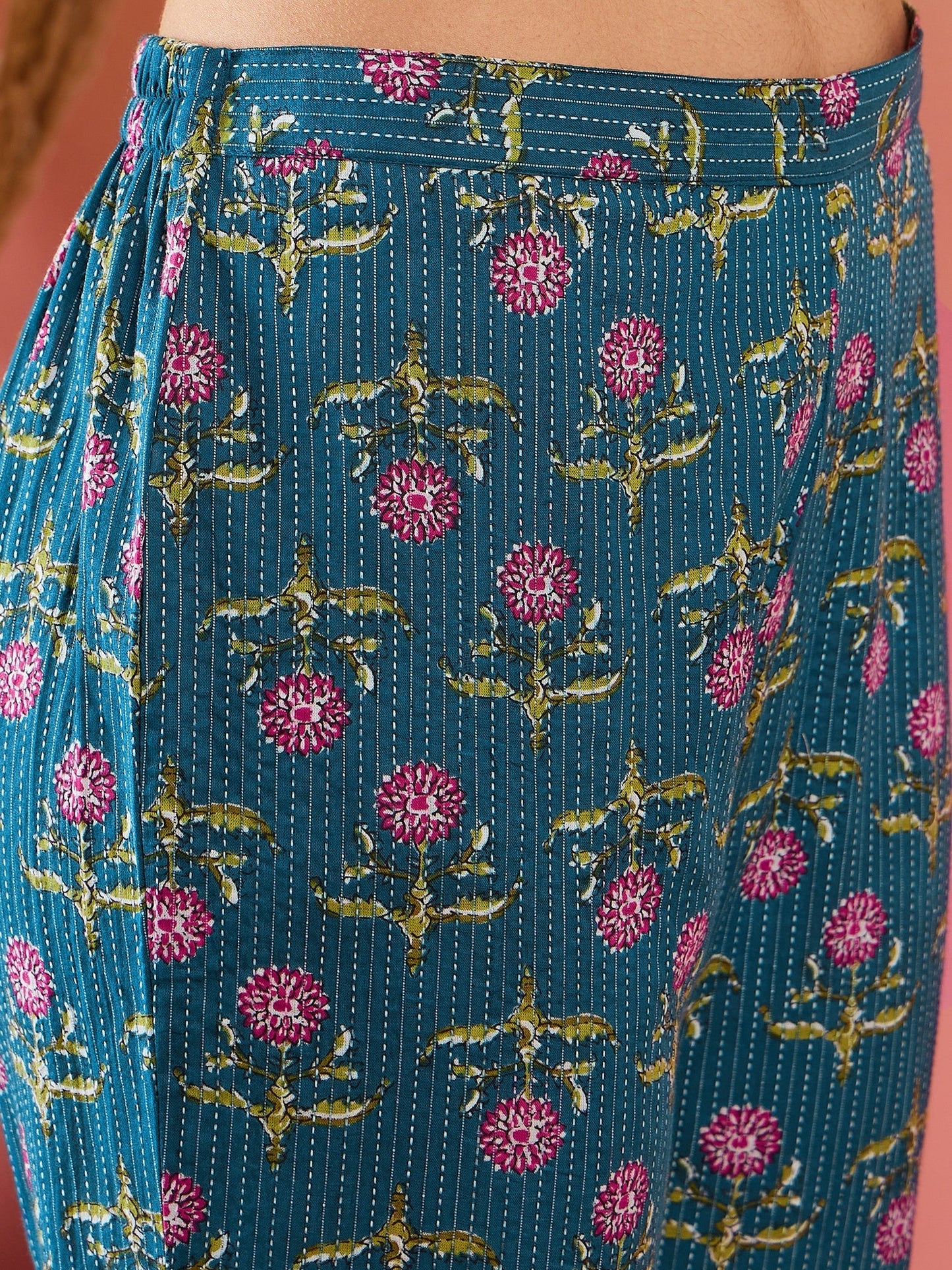 InWeave Teal Kantha Mandarin Kurta Set - Swadesiicart