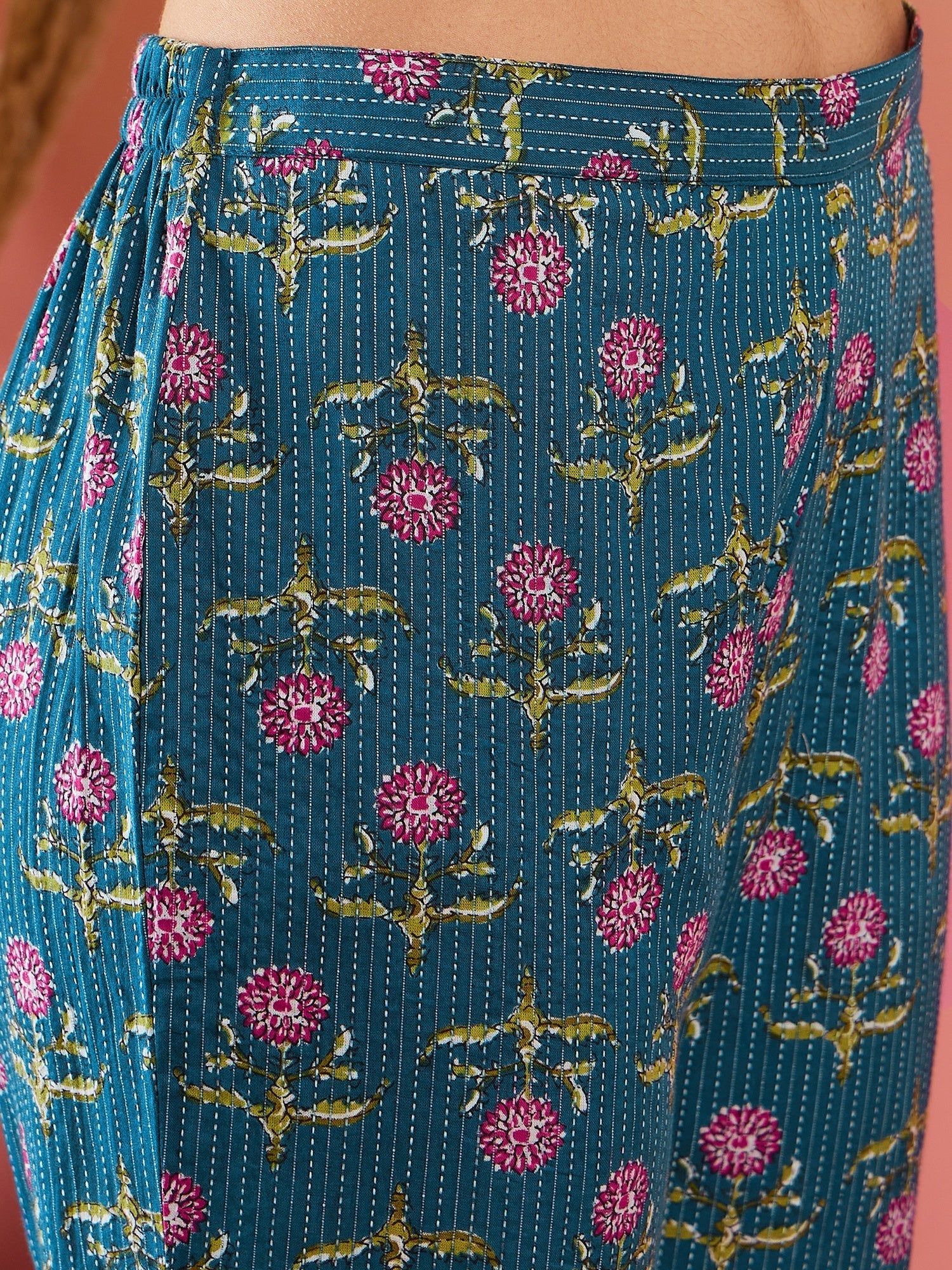 InWeave Teal Kantha Mandarin Kurta Set - Swadesiicart