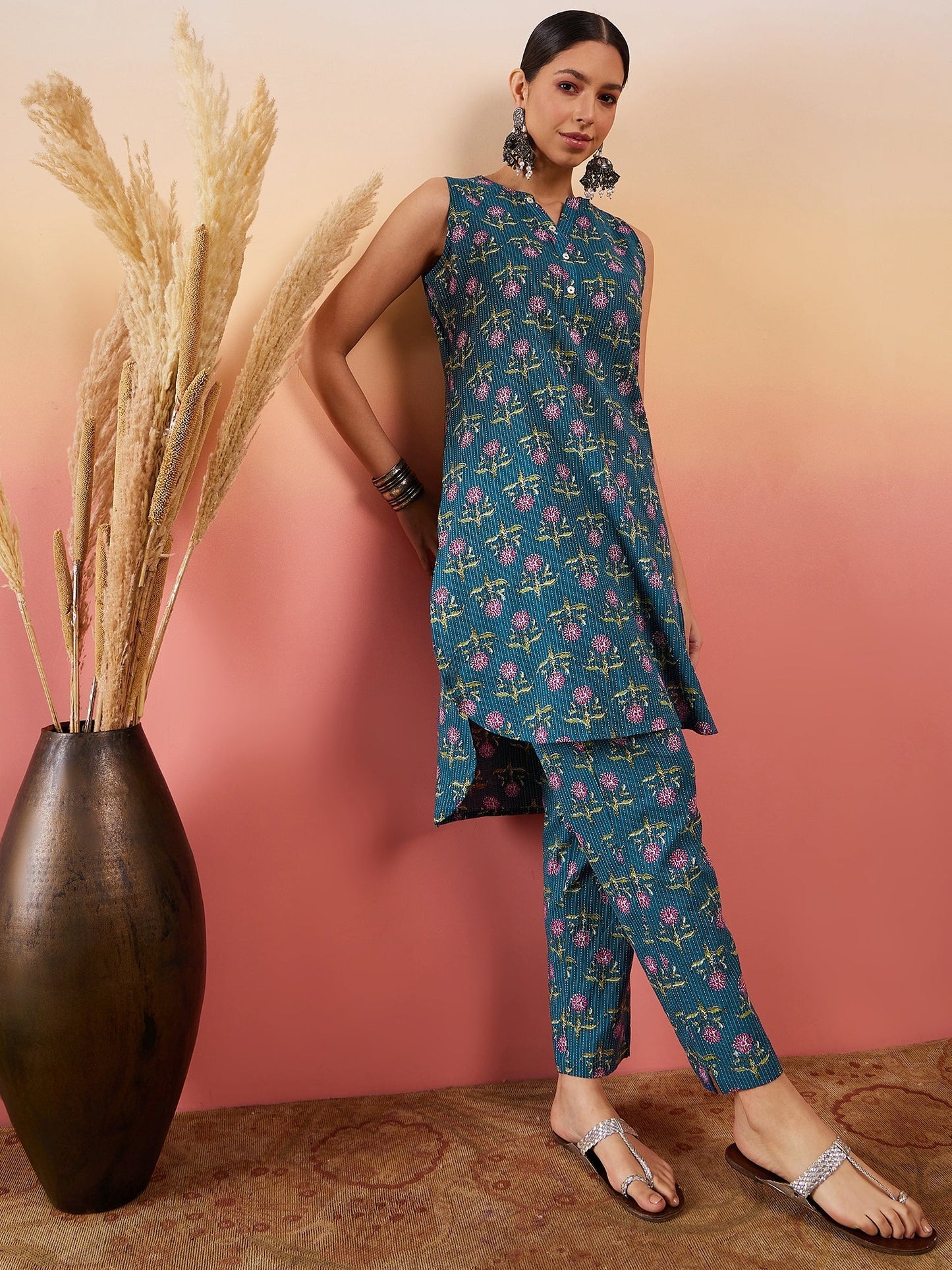InWeave Teal Kantha Mandarin Kurta Set - Swadesiicart