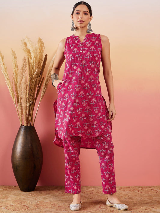 InWeave Red Kantha Print Mandarin V Neck Button Kurta Pant Set - Swadesiicart