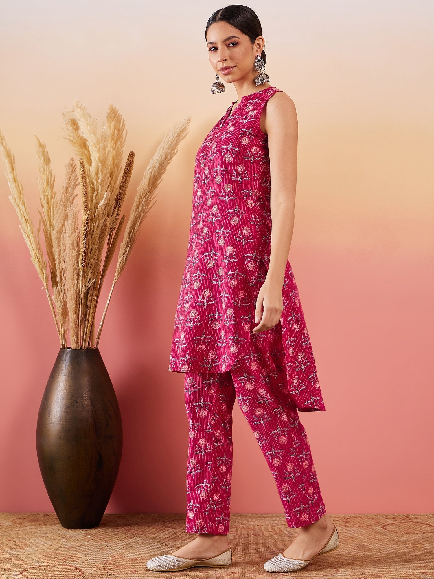 InWeave Red Kantha Print Mandarin V Neck Button Kurta Pant Set - Swadesiicart