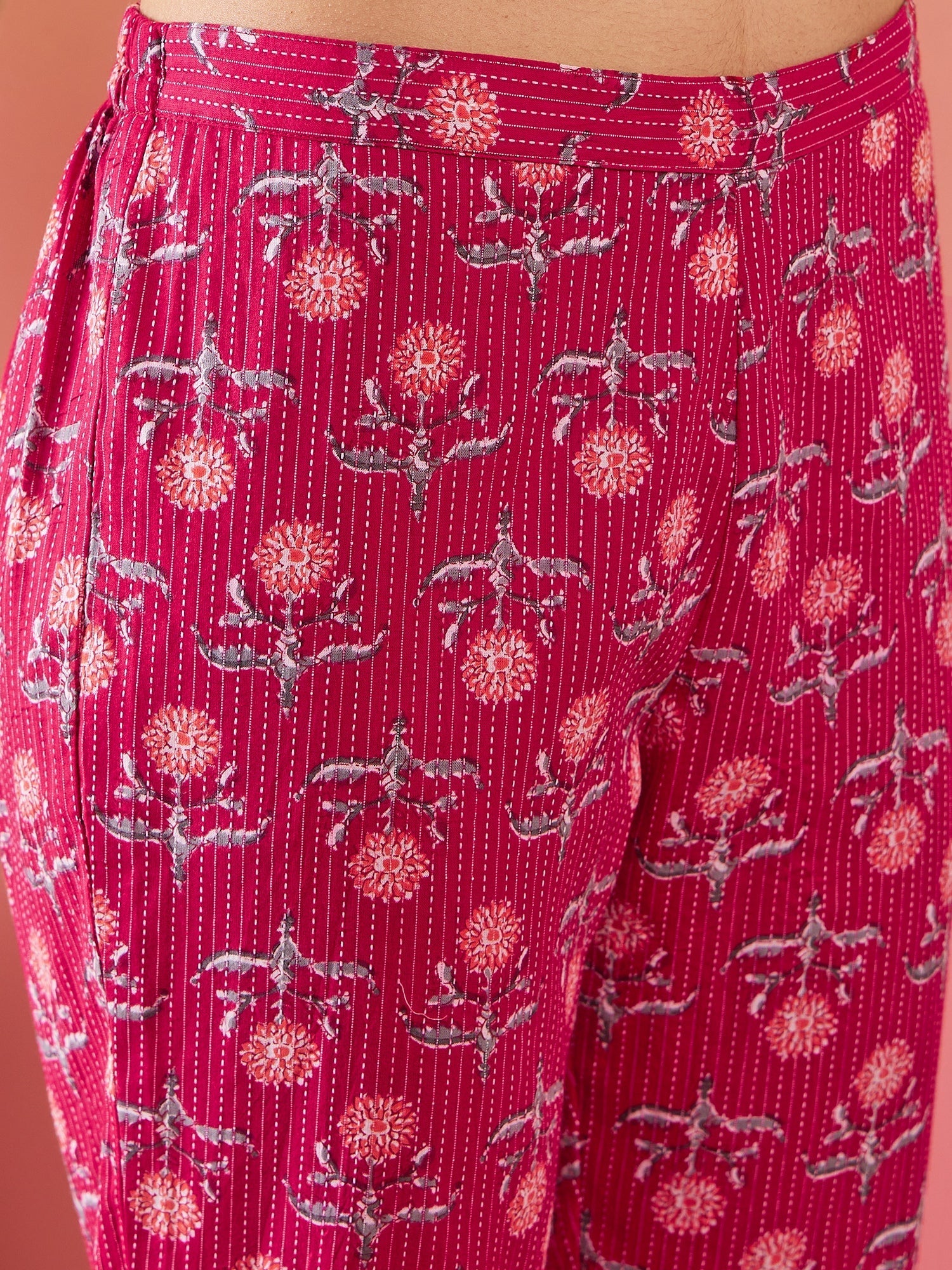 InWeave Red Kantha Print Mandarin V Neck Button Kurta Pant Set - Swadesiicart