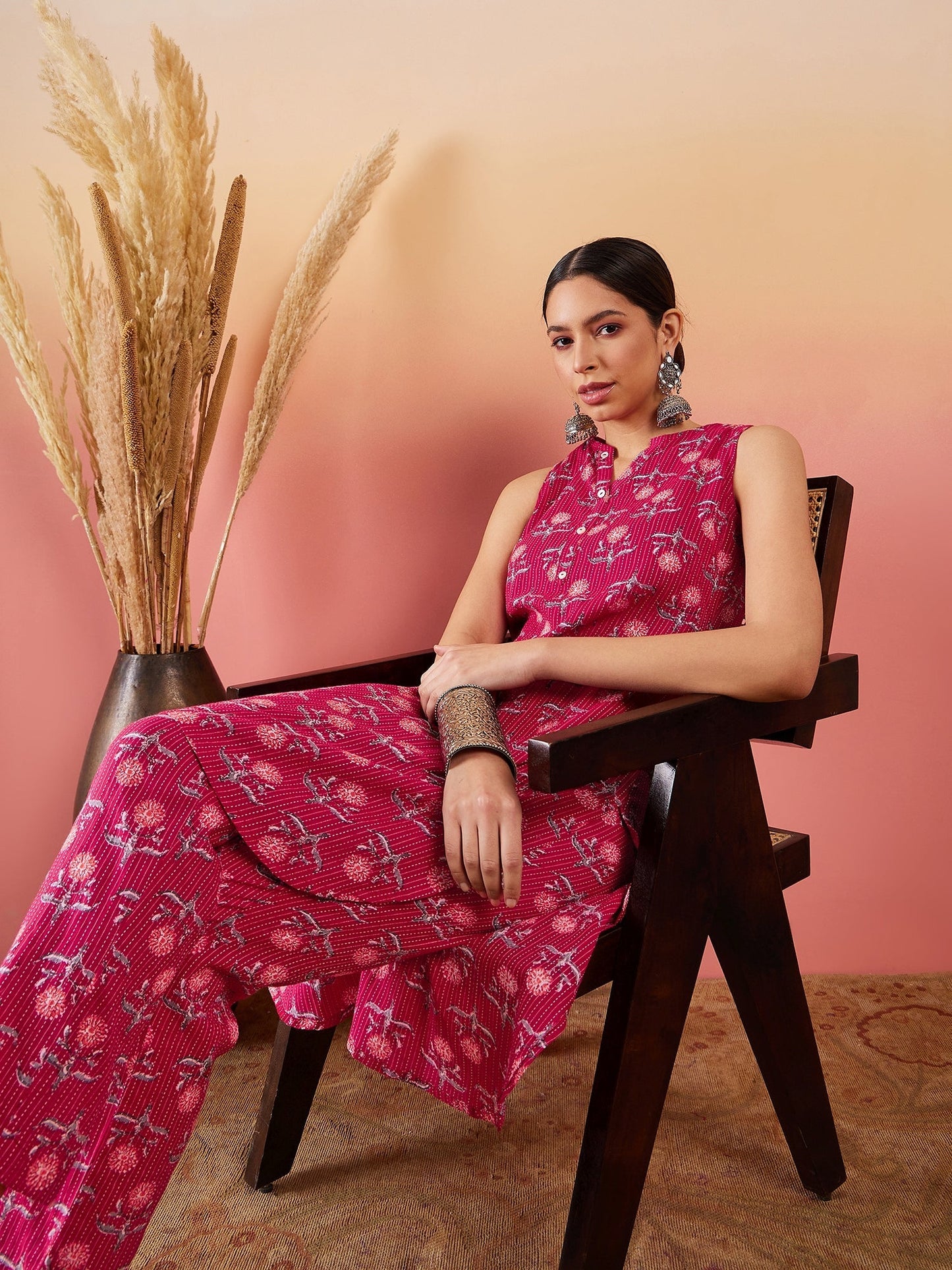InWeave Red Kantha Print Mandarin V Neck Button Kurta Pant Set - Swadesiicart