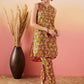 InWeave Lime Green Lurex Print Mandarin V Neck Button Kurta Pant Set - Swadesiicart