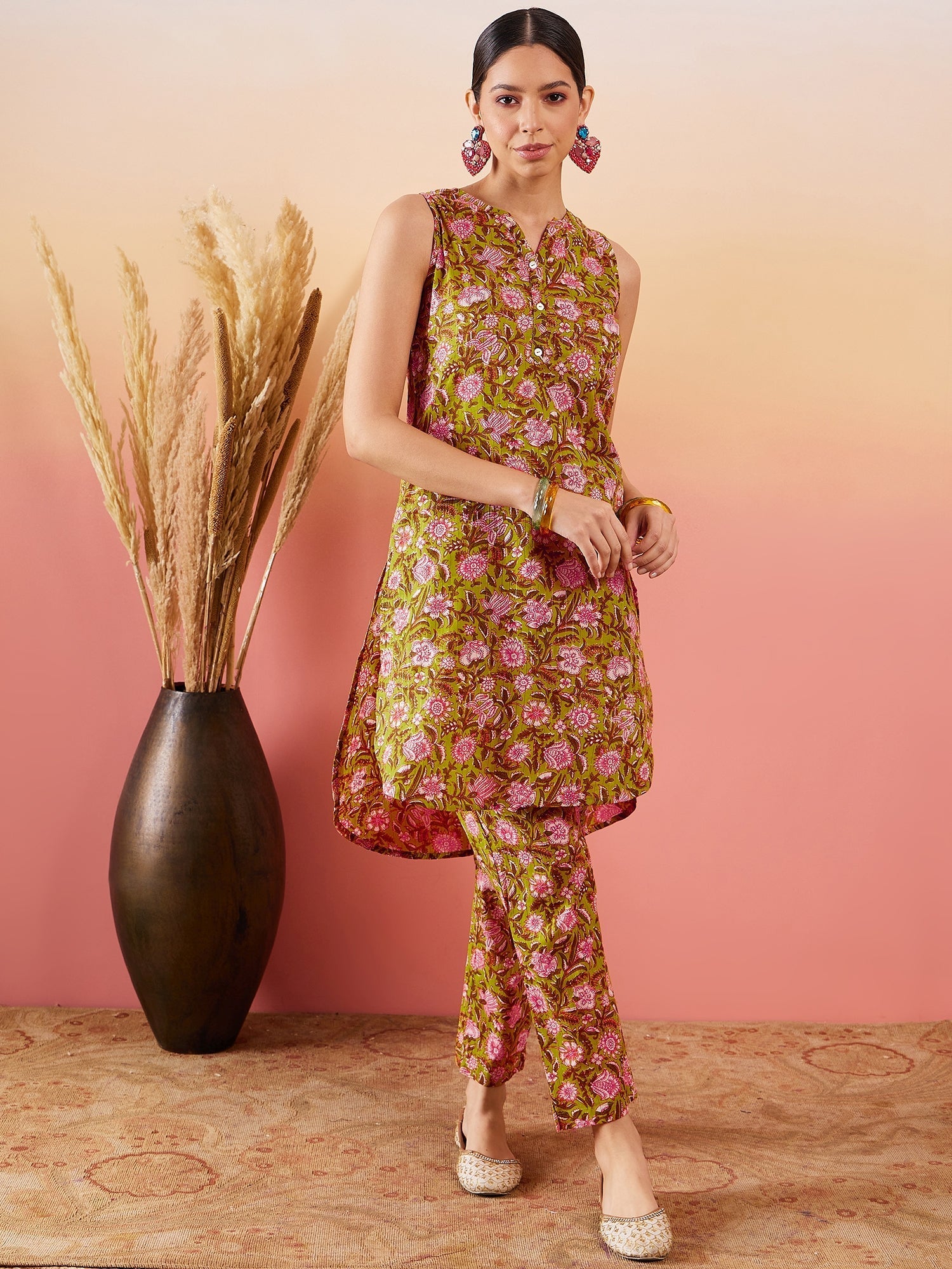 InWeave Lime Green Lurex Print Mandarin V Neck Button Kurta Pant Set - Swadesiicart