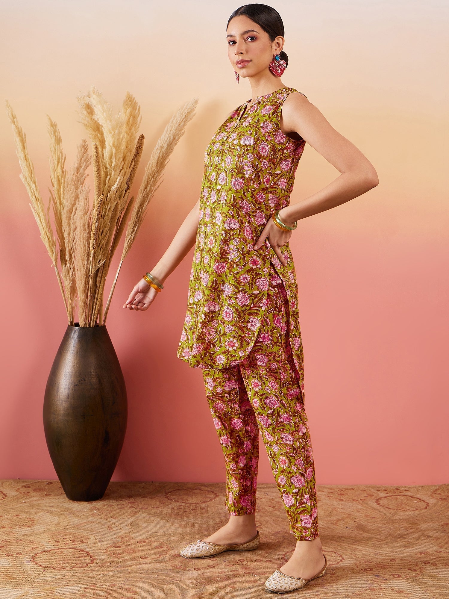 InWeave Lime Green Lurex Print Mandarin V Neck Button Kurta Pant Set - Swadesiicart