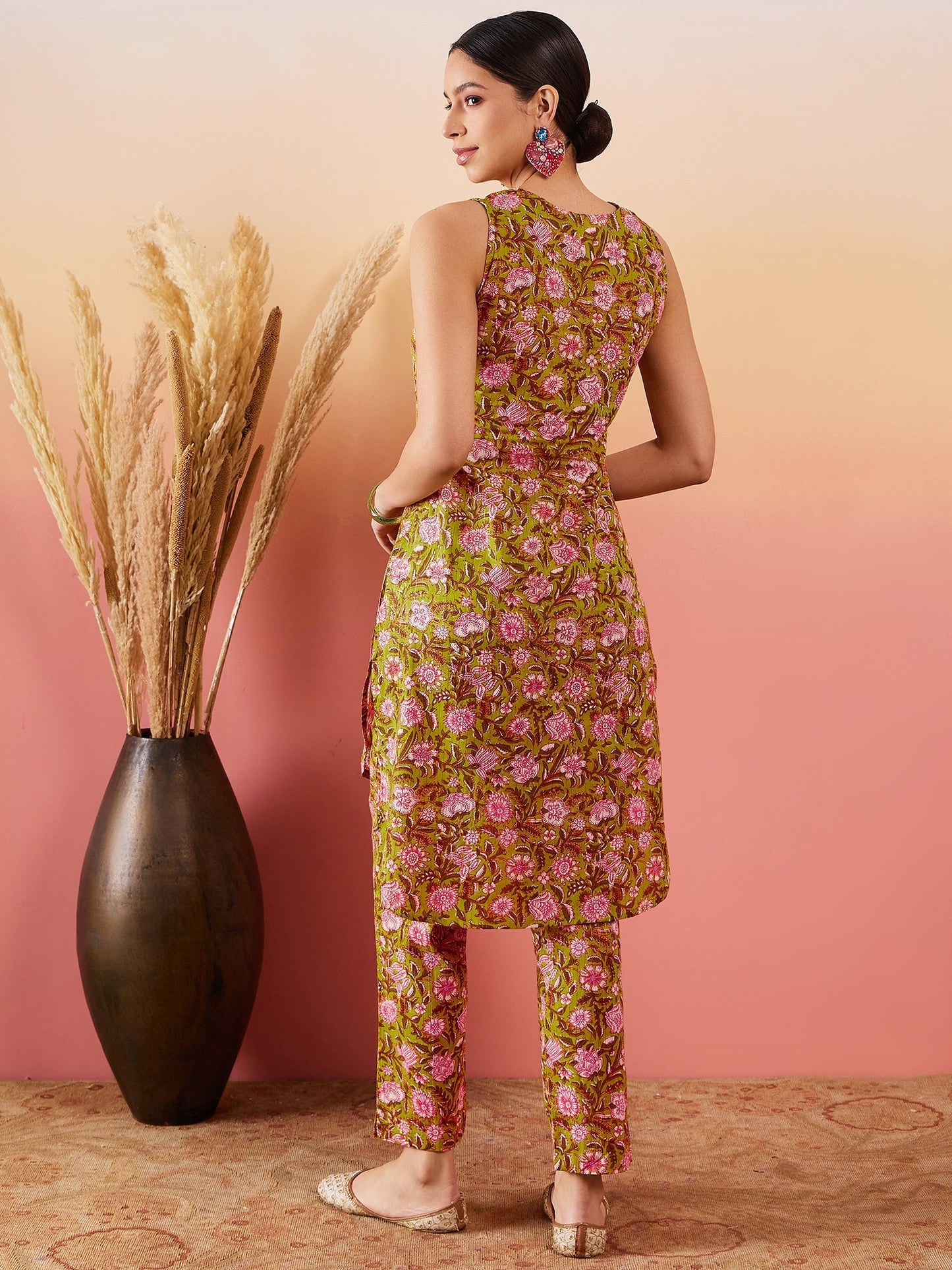 InWeave Lime Green Lurex Print Mandarin V Neck Button Kurta Pant Set - Swadesiicart
