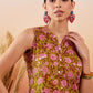 InWeave Lime Green Lurex Print Mandarin V Neck Button Kurta Pant Set - Swadesiicart