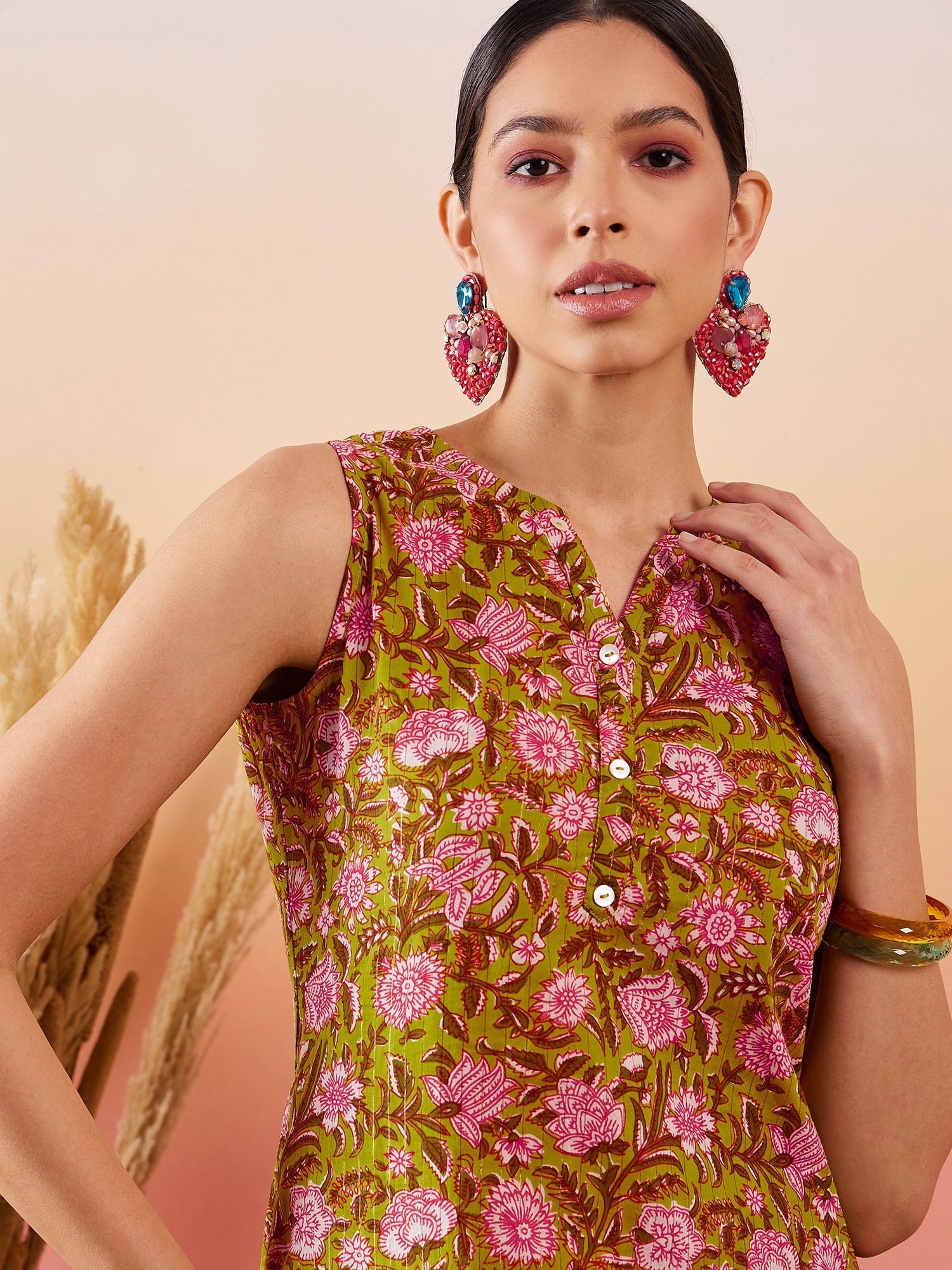 InWeave Lime Green Lurex Print Mandarin V Neck Button Kurta Pant Set - Swadesiicart