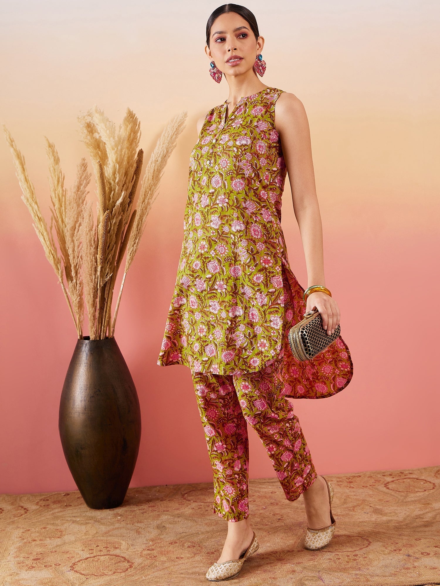 InWeave Lime Green Lurex Print Mandarin V Neck Button Kurta Pant Set - Swadesiicart