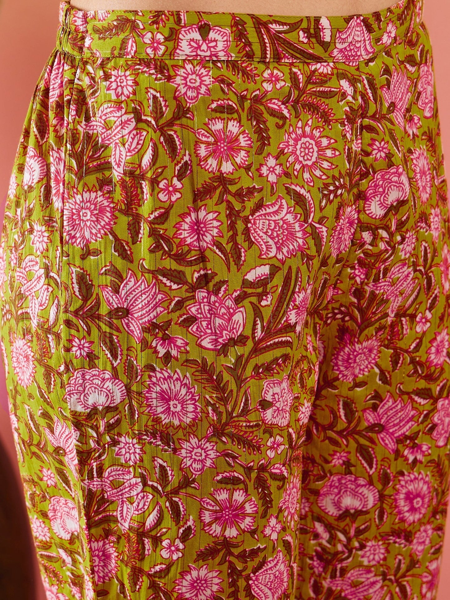 InWeave Lime Green Lurex Print Mandarin V Neck Button Kurta Pant Set - Swadesiicart