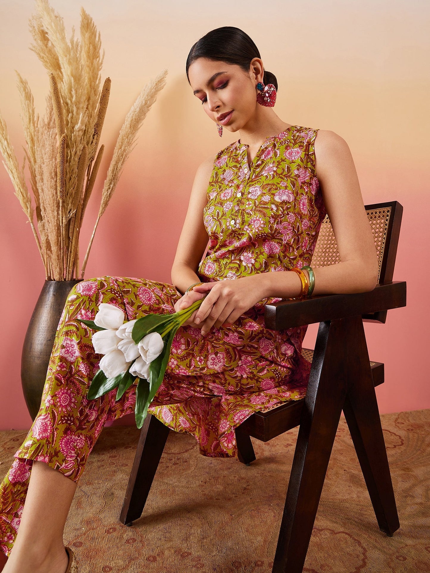 InWeave Lime Green Lurex Print Mandarin V Neck Button Kurta Pant Set - Swadesiicart