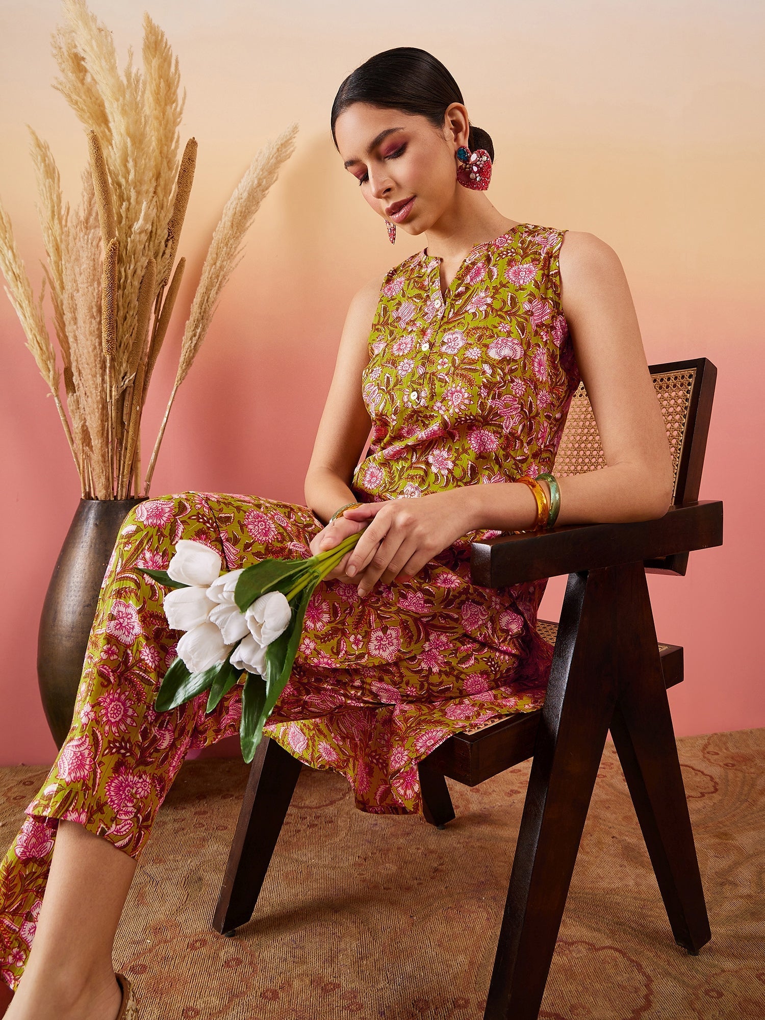 InWeave Lime Green Lurex Print Mandarin V Neck Button Kurta Pant Set - Swadesiicart
