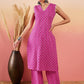 InWeave Pink Pyramid Kantha V Neck Lace Work Kurta Palazzo Set - Swadesiicart
