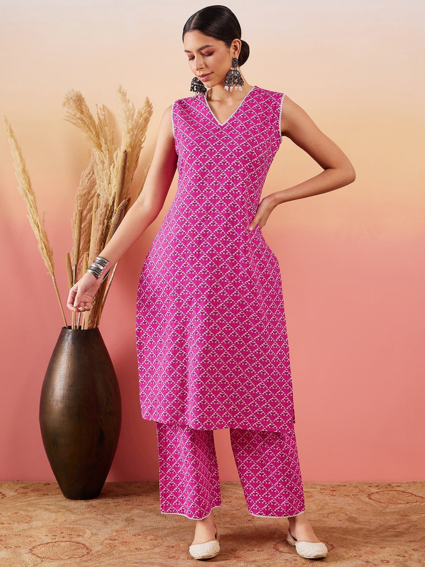 InWeave Pink Pyramid Kantha V Neck Lace Work Kurta Palazzo Set - Swadesiicart