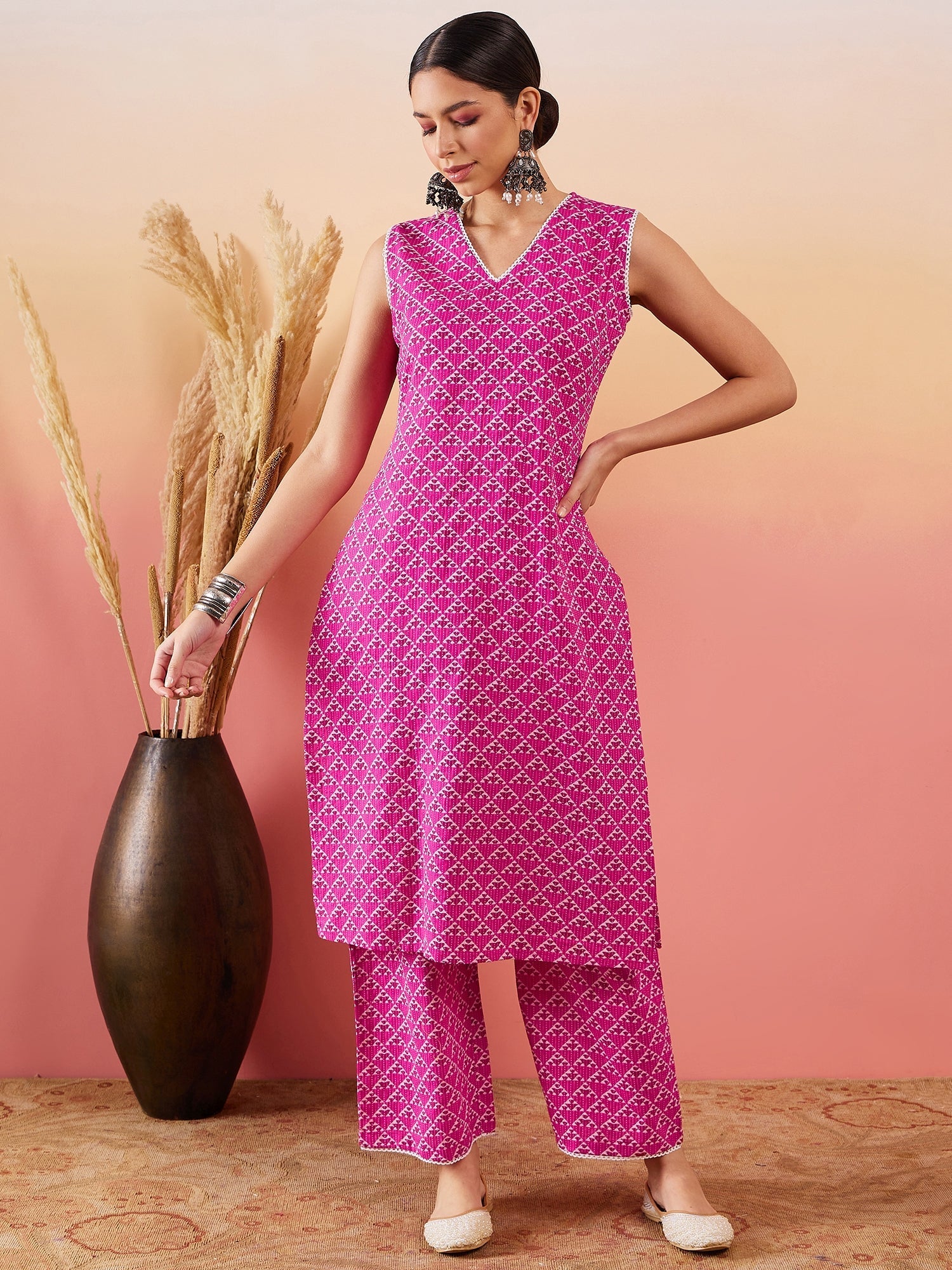 InWeave Pink Pyramid Kantha V Neck Lace Work Kurta Palazzo Set - Swadesiicart