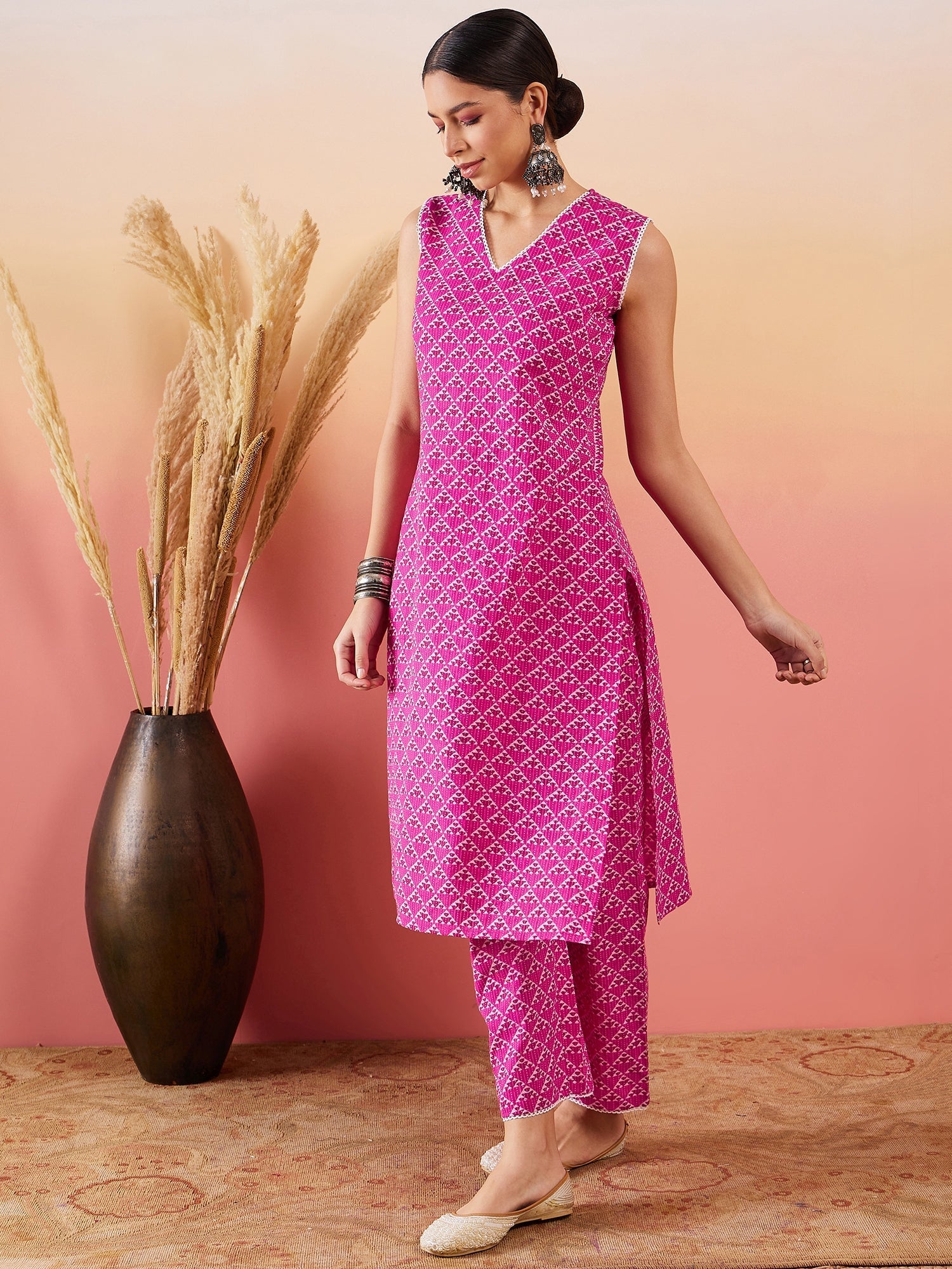 InWeave Pink Pyramid Kantha V Neck Lace Work Kurta Palazzo Set - Swadesiicart