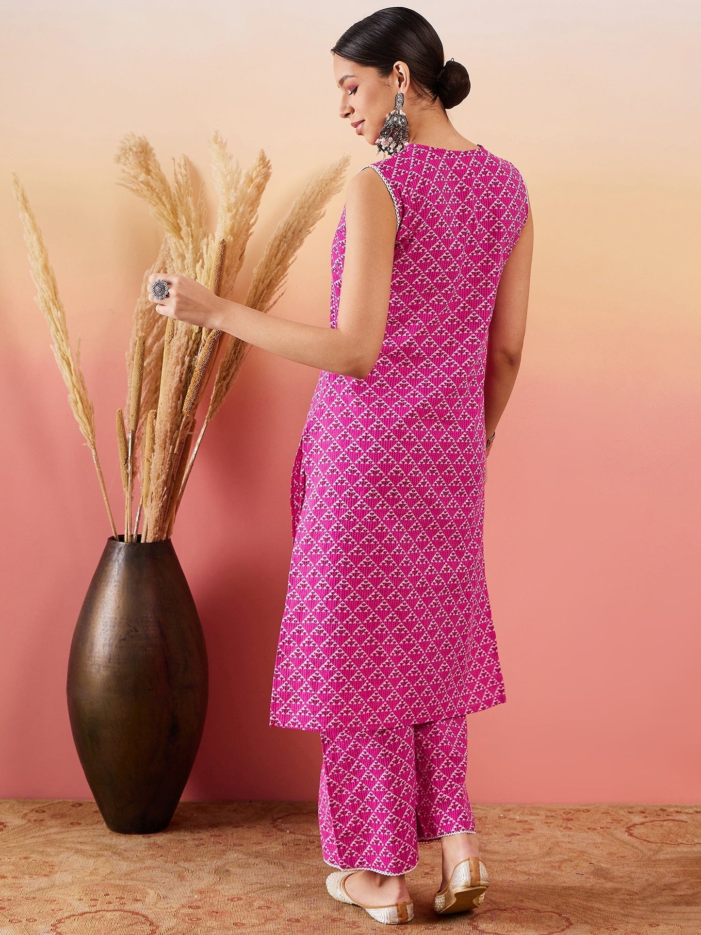 InWeave Pink Pyramid Kantha V Neck Lace Work Kurta Palazzo Set - Swadesiicart