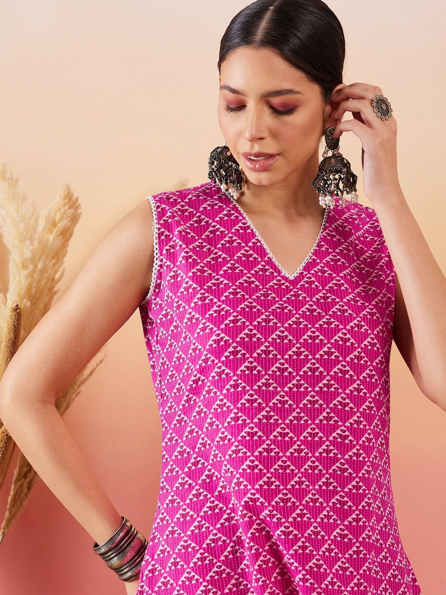 InWeave Pink Pyramid Kantha V Neck Lace Work Kurta Palazzo Set - Swadesiicart