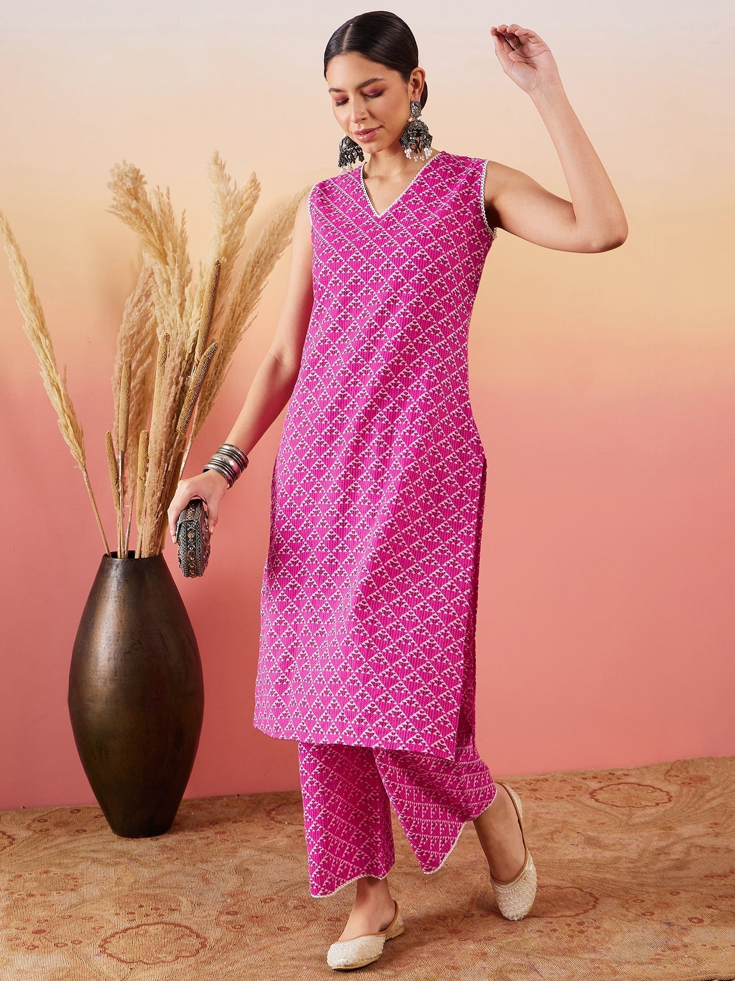 InWeave Pink Pyramid Kantha V Neck Lace Work Kurta Palazzo Set - Swadesiicart
