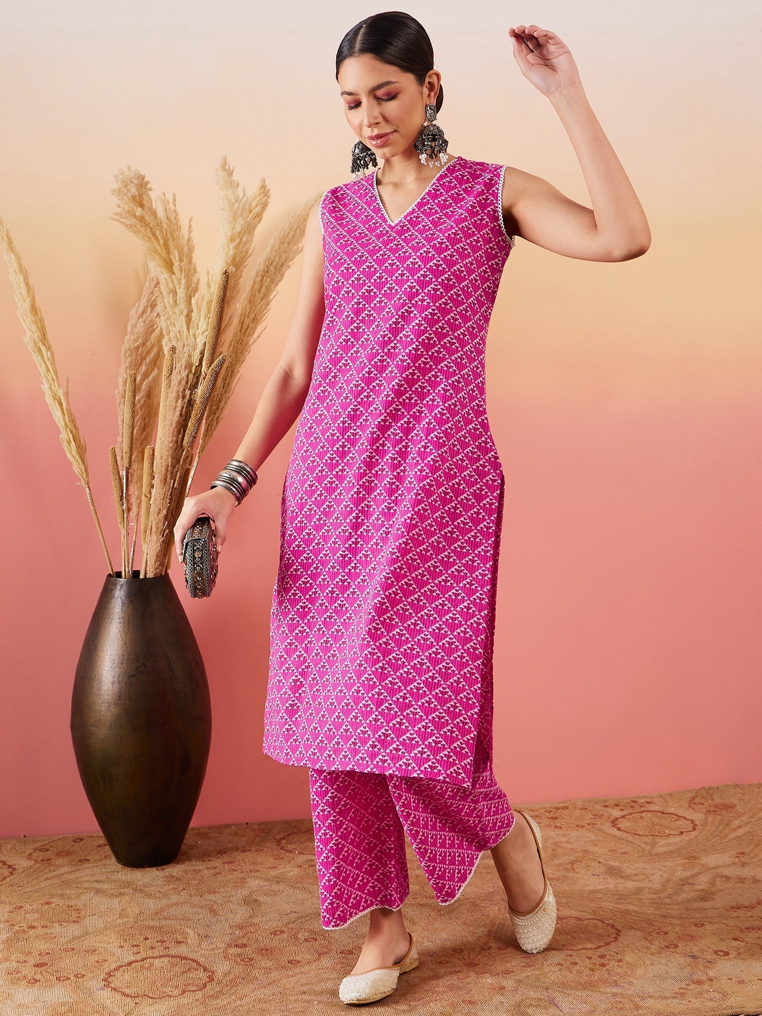 InWeave Pink Pyramid Kantha V Neck Lace Work Kurta Palazzo Set - Swadesiicart